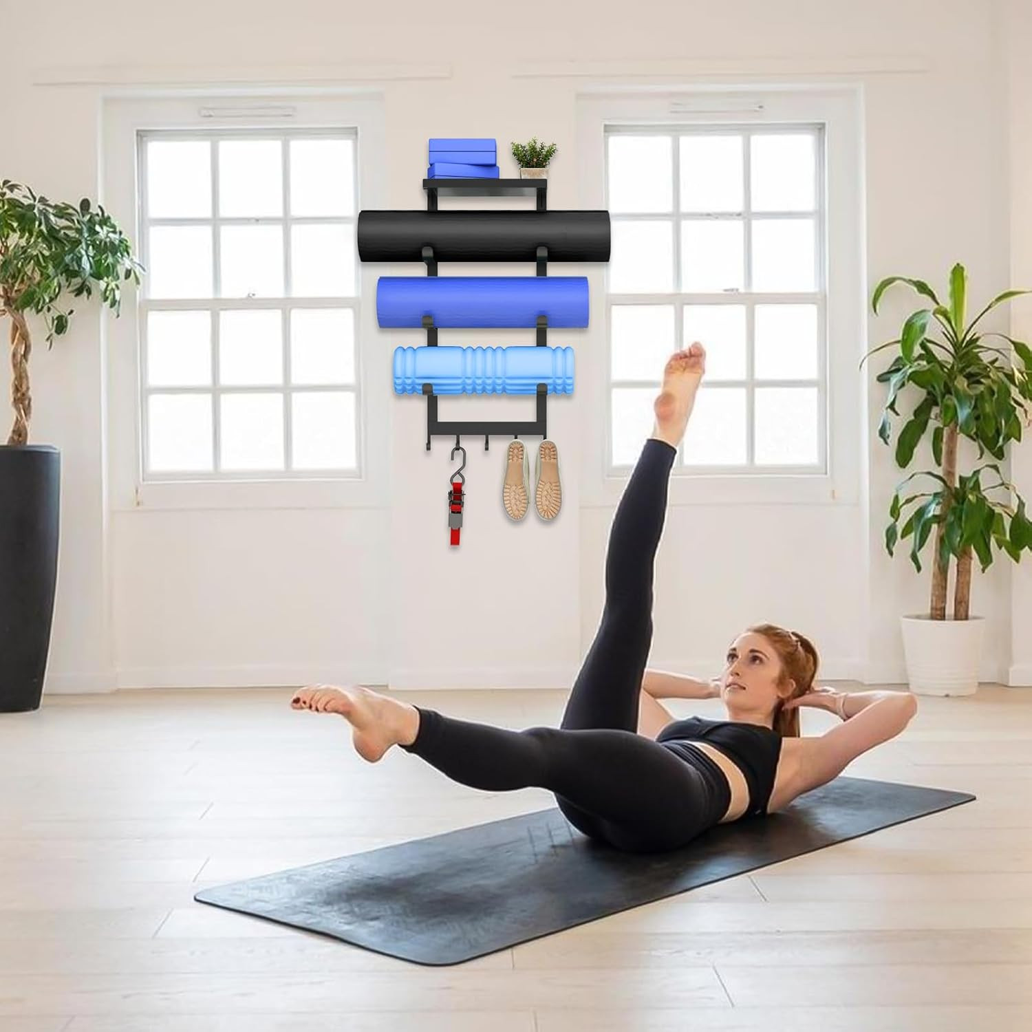 Wall-Mounted Yoga Mat Holder with Shelf & Hooks for Home Gym Storage