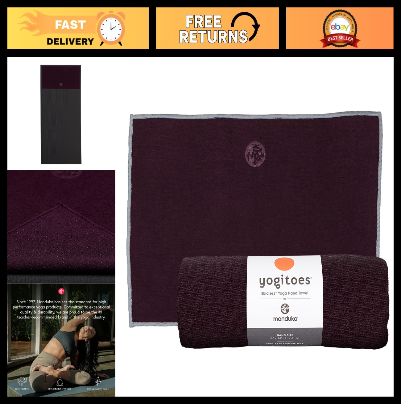 Moisture Activated Grip Yoga Hand Towel – Absorbent, Durable, Compact for Hot Yo