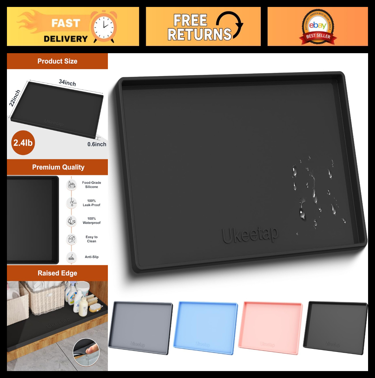 Extra Thick Waterproof Silicone Mat 34″x22″ – Under Sink & Cabinet Liner, Black