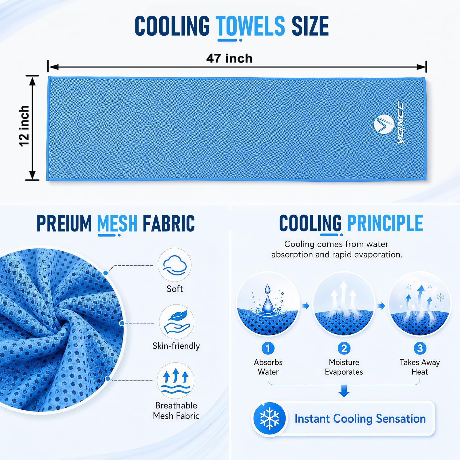 YQXCC Cooling Towel | 2 Pack 47″x12″ | Ice Cool for 47″x12″, 2*light Blue