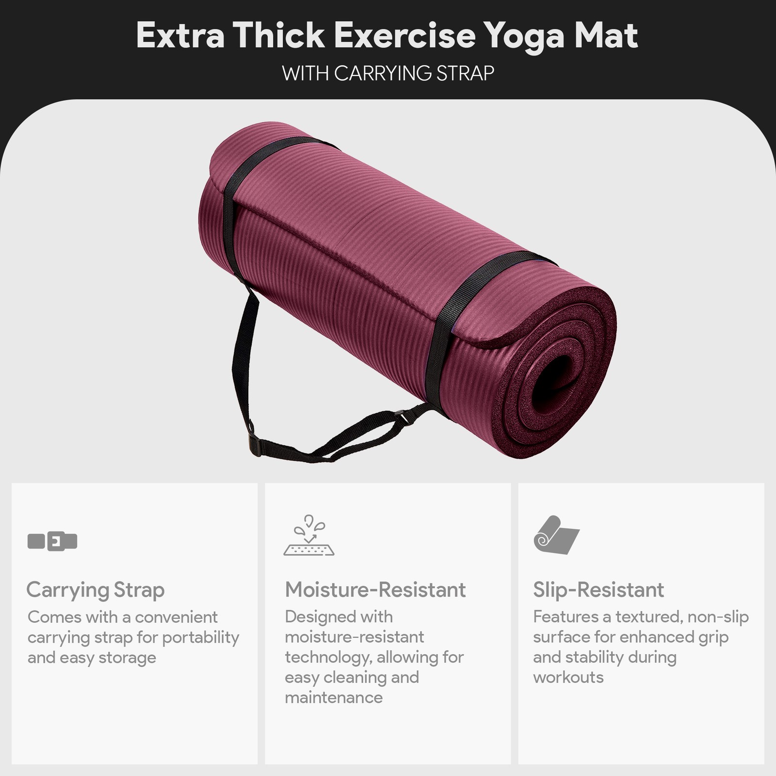 BalanceFrom Yoga Mat, 1″ Extra Thick Exercise Pilates Workout Mat, Deep Wine