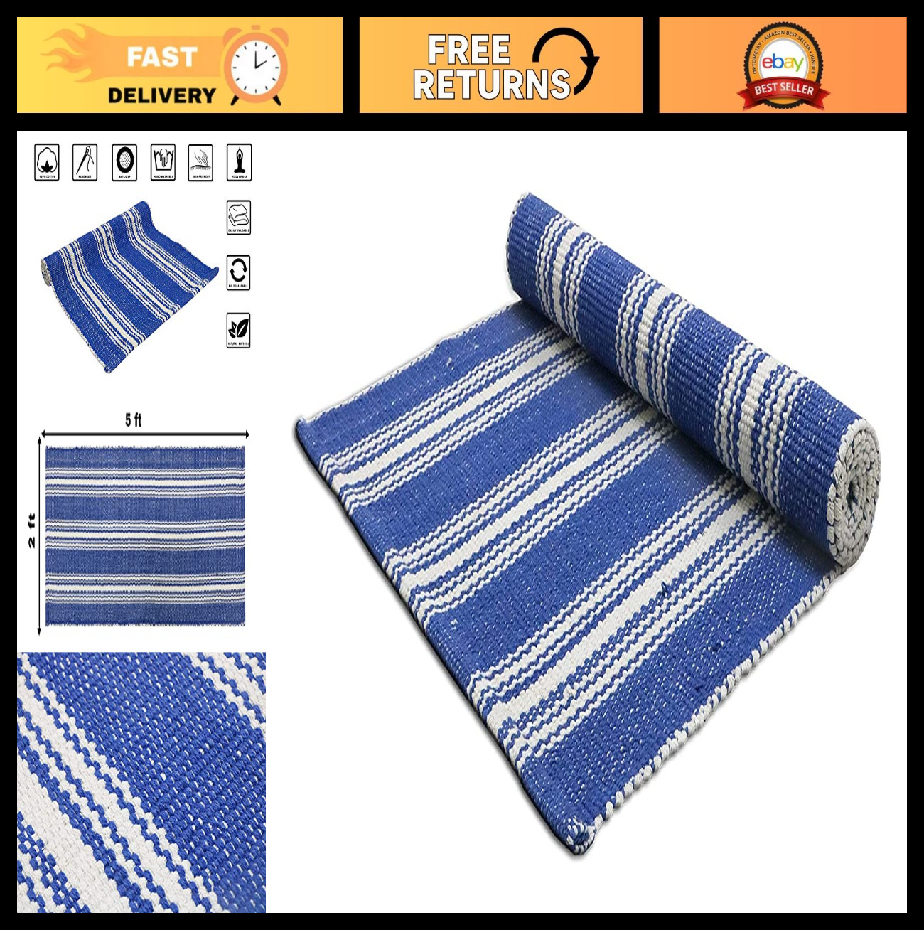 Thick Hand Woven 100% Cotton Yoga Mat – Gym Exercise & Bedroom Runner – Eco-Frie
