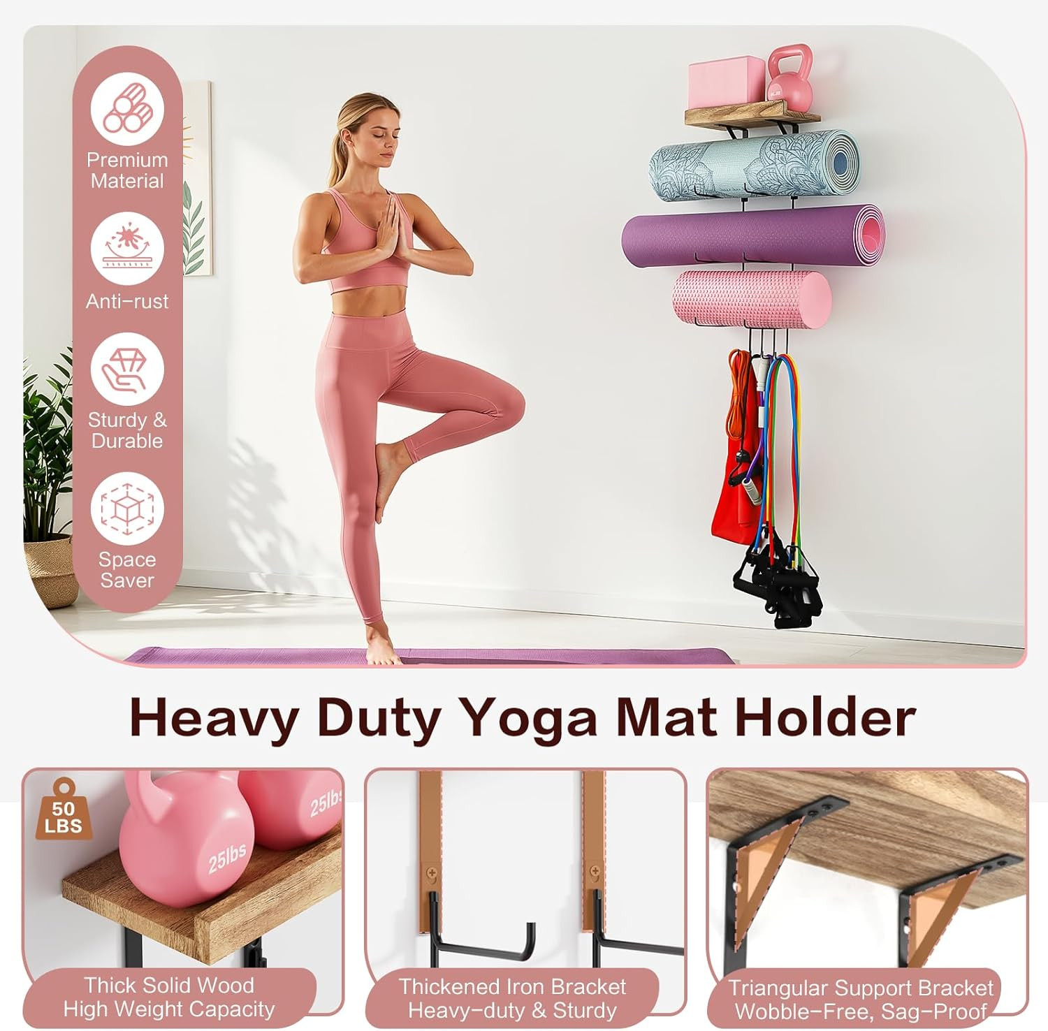 Yoga Mat Holder Accessories Wall Mount Organizer Storage Decor Foam Roller and T