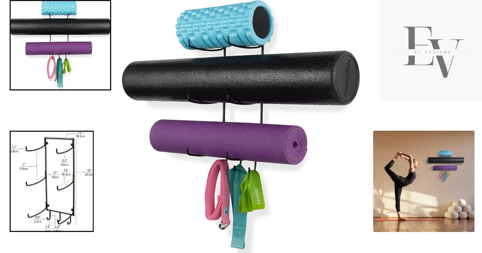 Guru Wall Mount Yoga Mat Holder with 3 Hooks – 5-Sectional Storage Solution