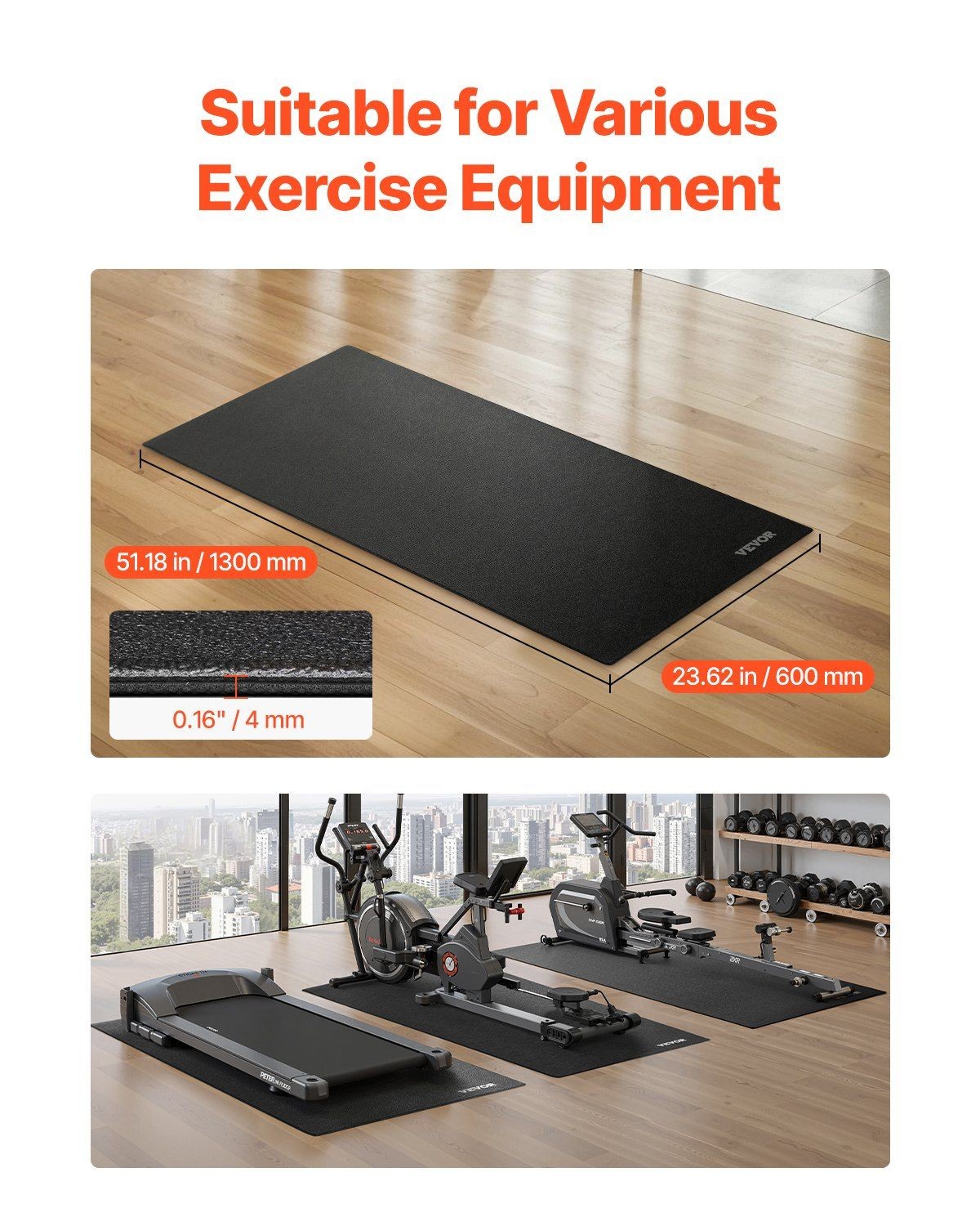 600x1300x4mm Non-slip PVC Workout Mat Water-Resistant Carpet Guard