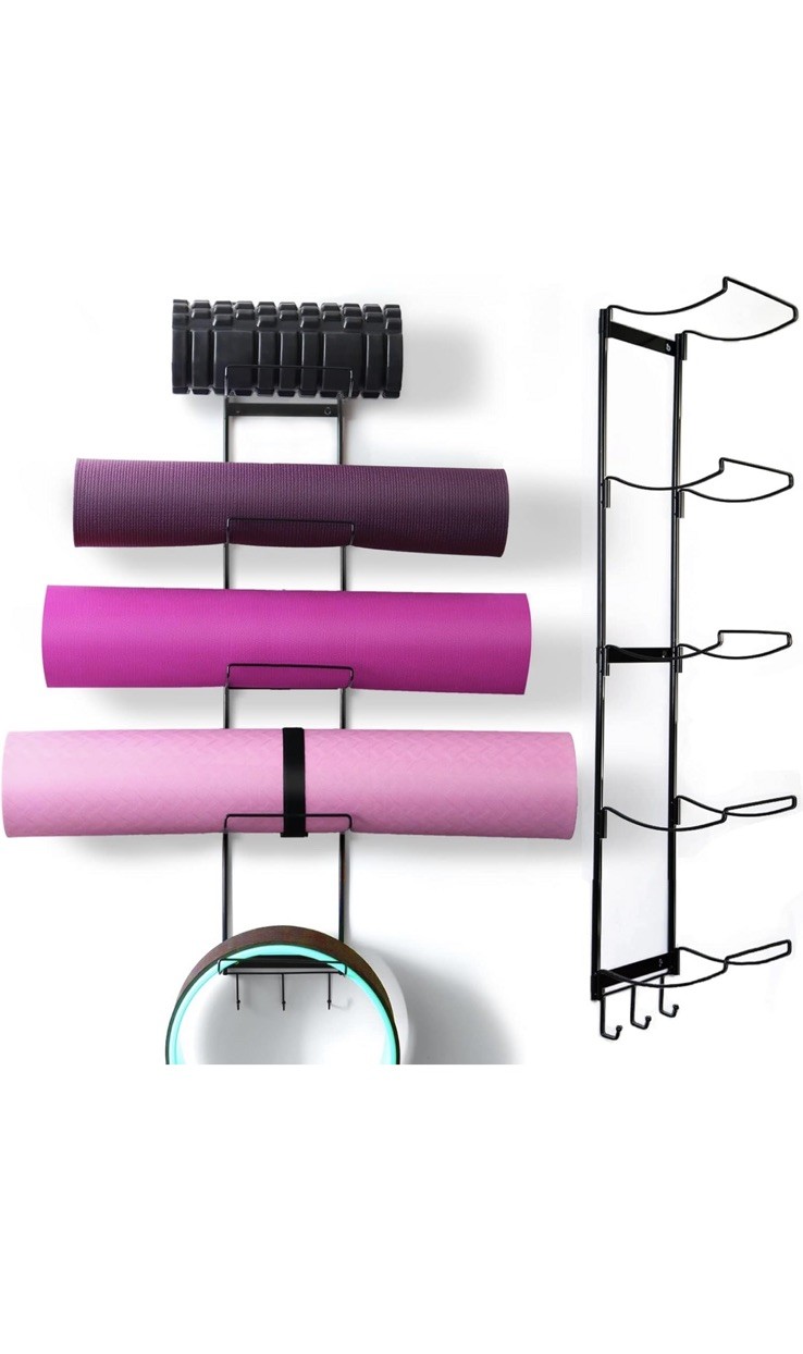 5-Tier Yoga Mat Wall Rack with Hooks for Accessories and Foam Rollers