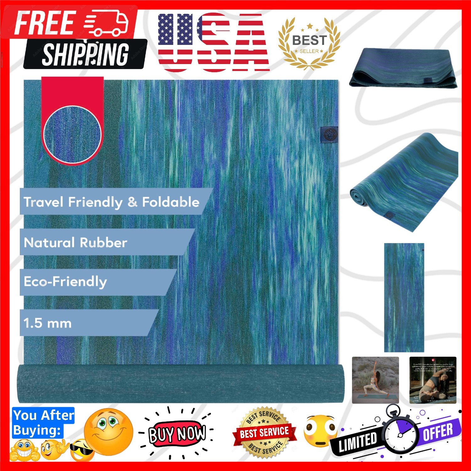 eKO SuperLite Yoga Mat – 1.5mm Natural Rubber | Foldable & Travel Friendly | …