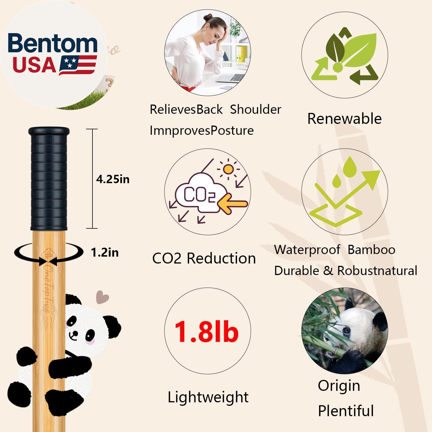 5Ft Yoga Stick from Natural Bamboo with Non-Slip Handle-Stretching Stick for Mob