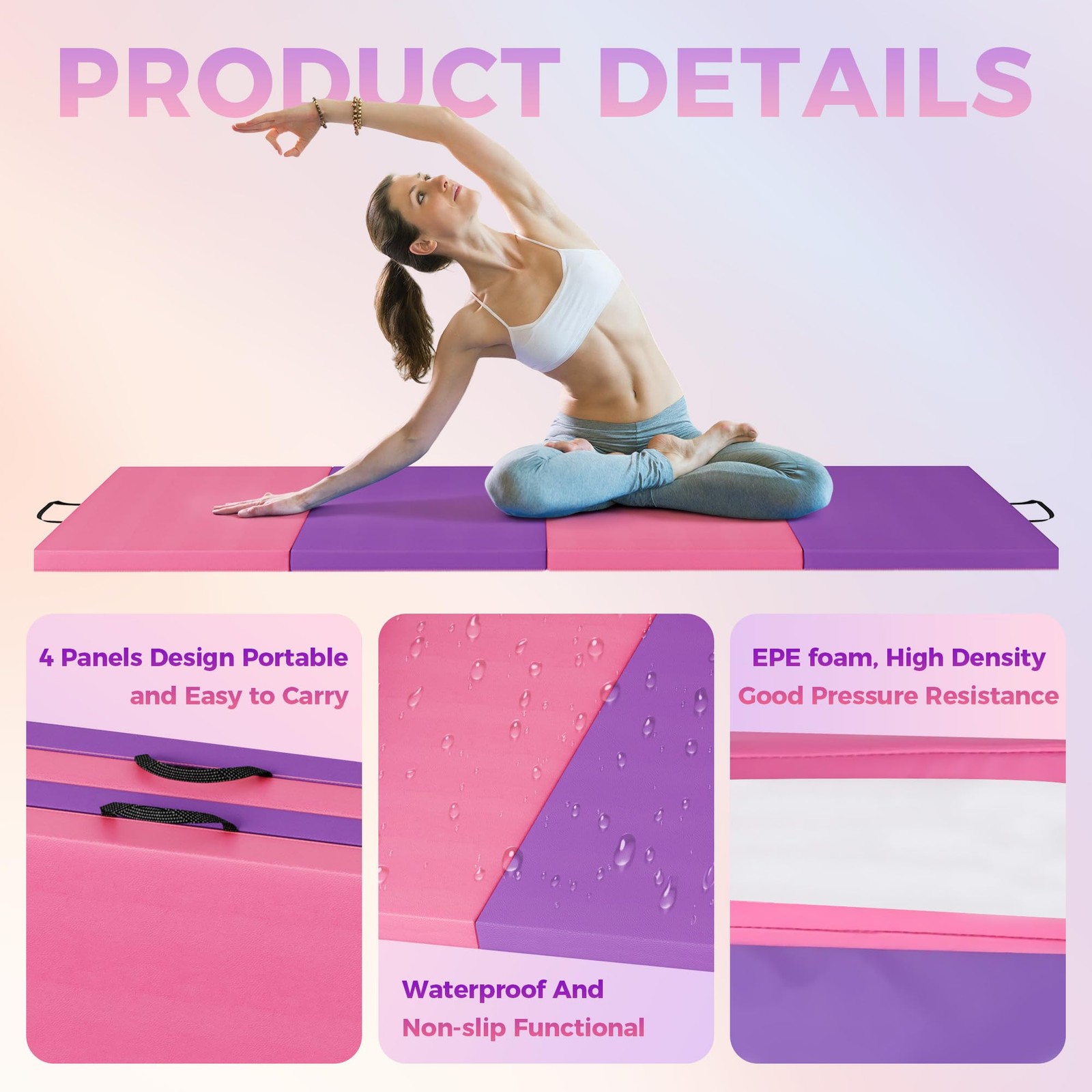 6x2ft 4-Fold Gymnastics Mat Thick Tumbling Mat with Handles for Pilates Martial