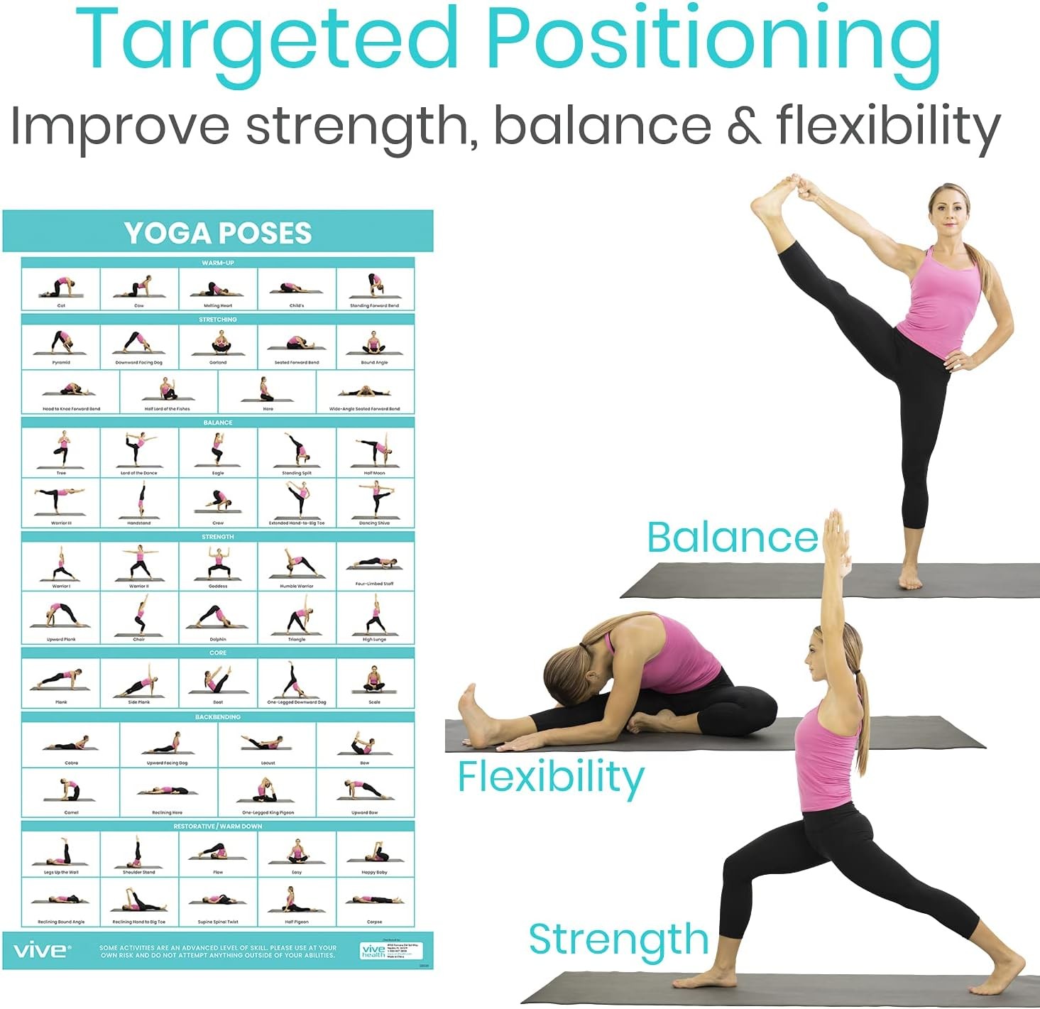 Vive Yoga Poster Poses for Beginners and Experts Mat Exercise Home Gym Workout