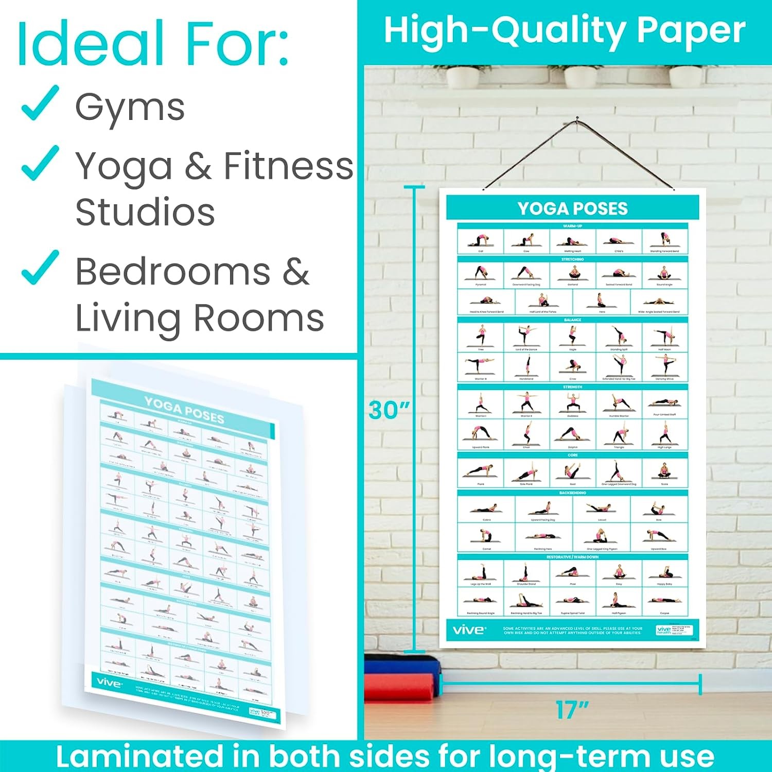 Vive Yoga Poster Poses for Beginners and Experts Mat Exercise Home Gym Workout