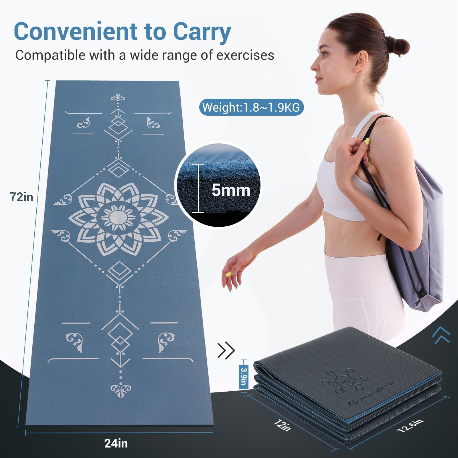 Foldable Travel Yoga Mat Print 5mm Thick Pilates NonSlip Gym Carrying Bag