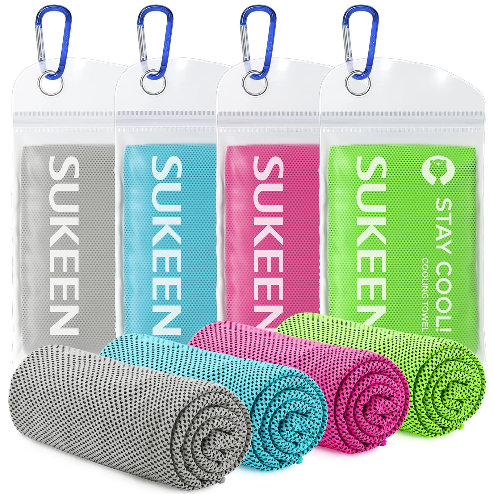 Sukeen 4pack Cooling Towel (40″x12″), 40″ x 12″, Grey/Green/Pink/Lake Blue
