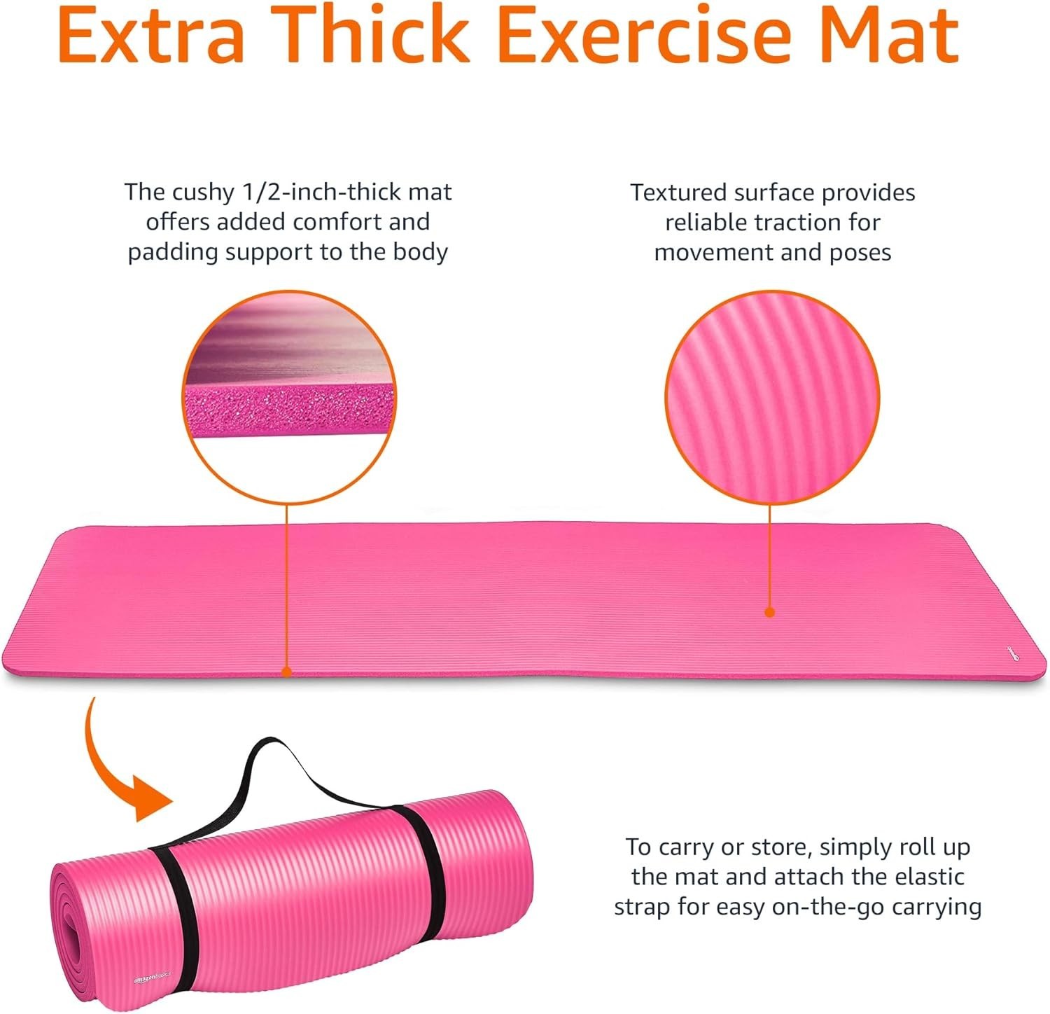 Durable Foam Exercise Mat – Extra Thick Pink Yoga Mat with Carrying Strap