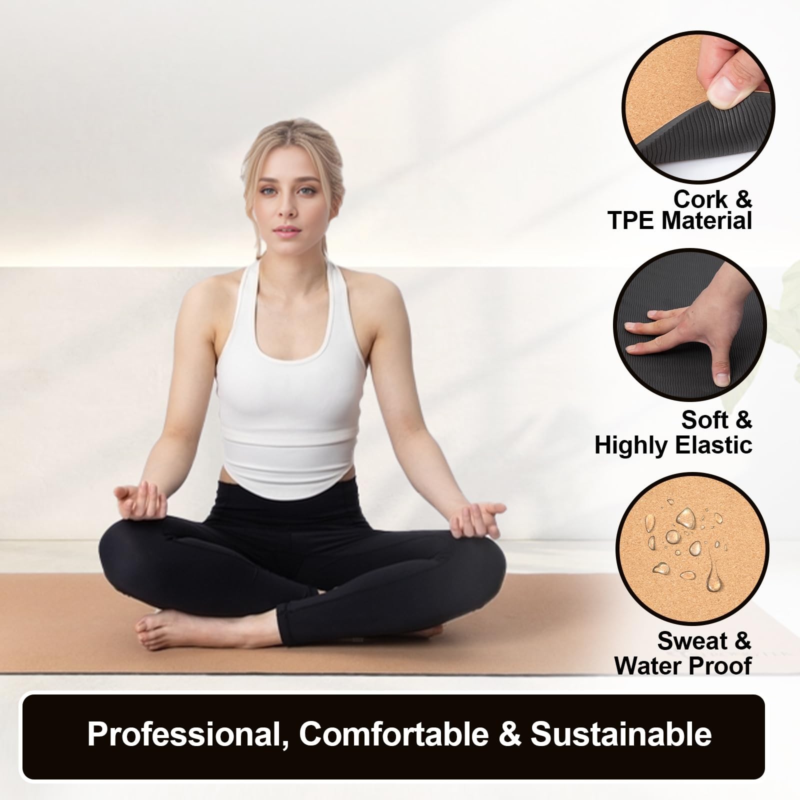 Cork Yoga Mat, Non-Toxic & Eco-Friendly, 7mm Thick with Non-Slip Cork + TPE S…