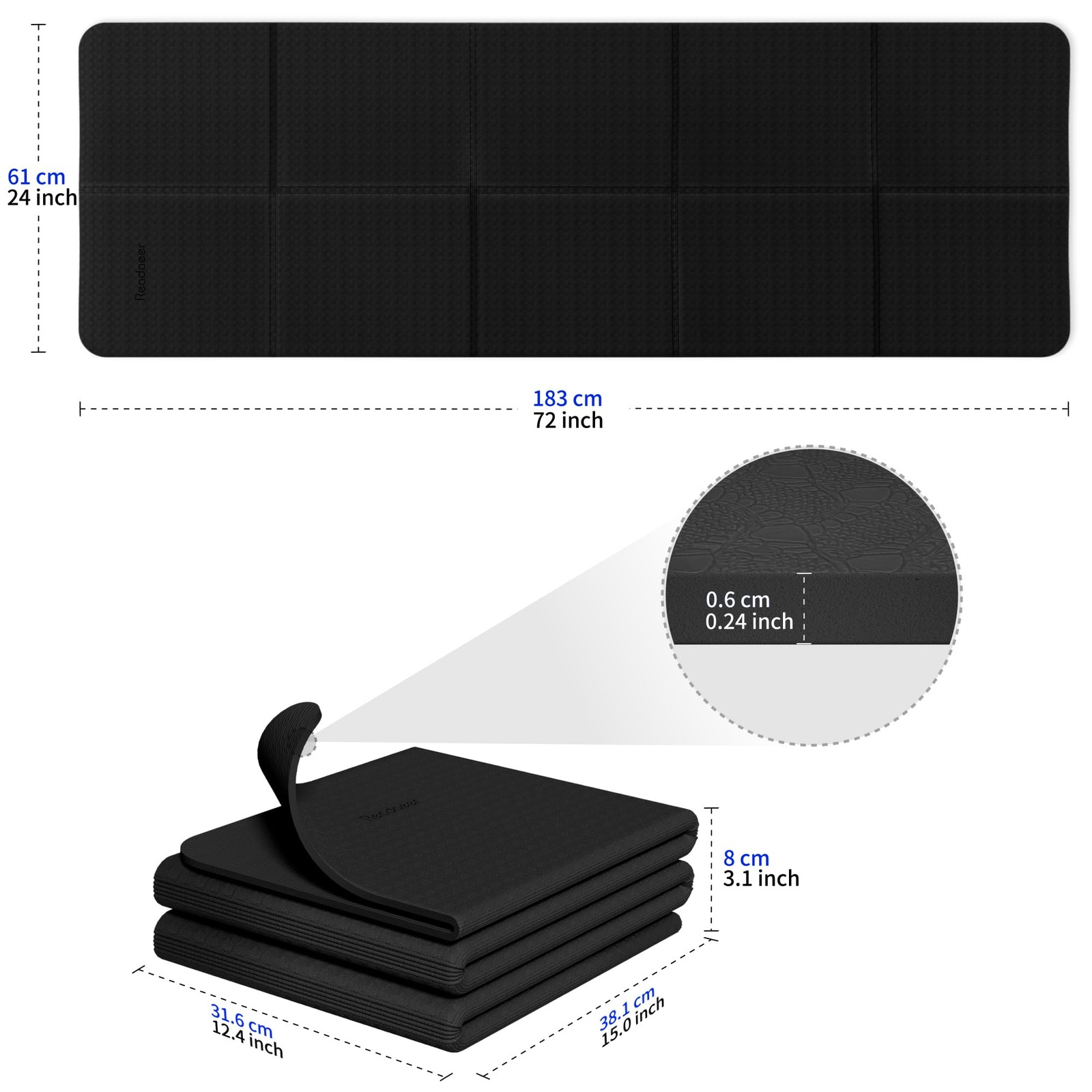 Foldable Travel Yoga Mat, 6mm Thick, 72 x 24, Non-Slip TPE, Carrying Bag