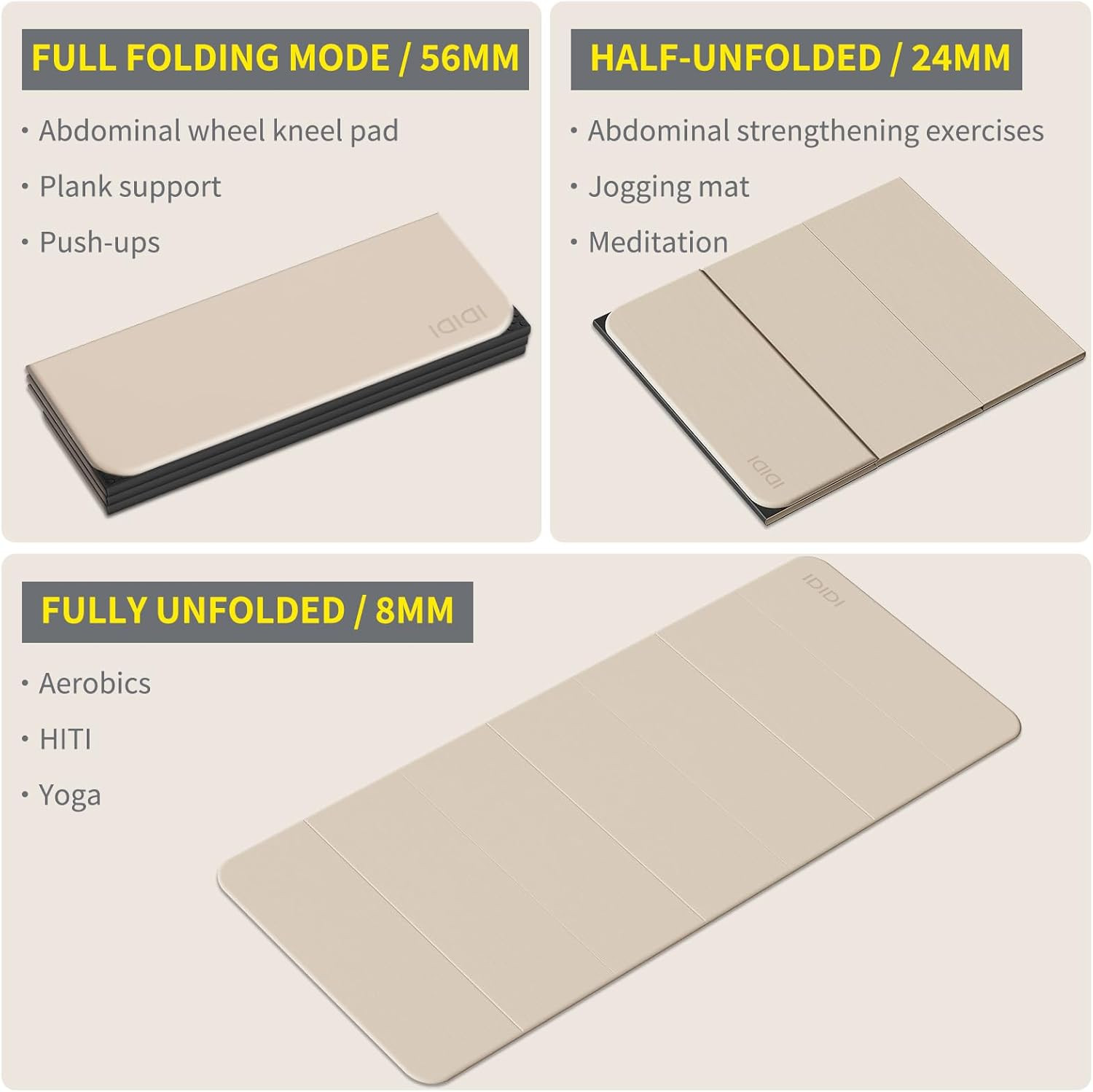 Foldable Extra Large Yoga Mat 74″×31.5″, 8Mm Double-Sided Non Slip Lightweight F