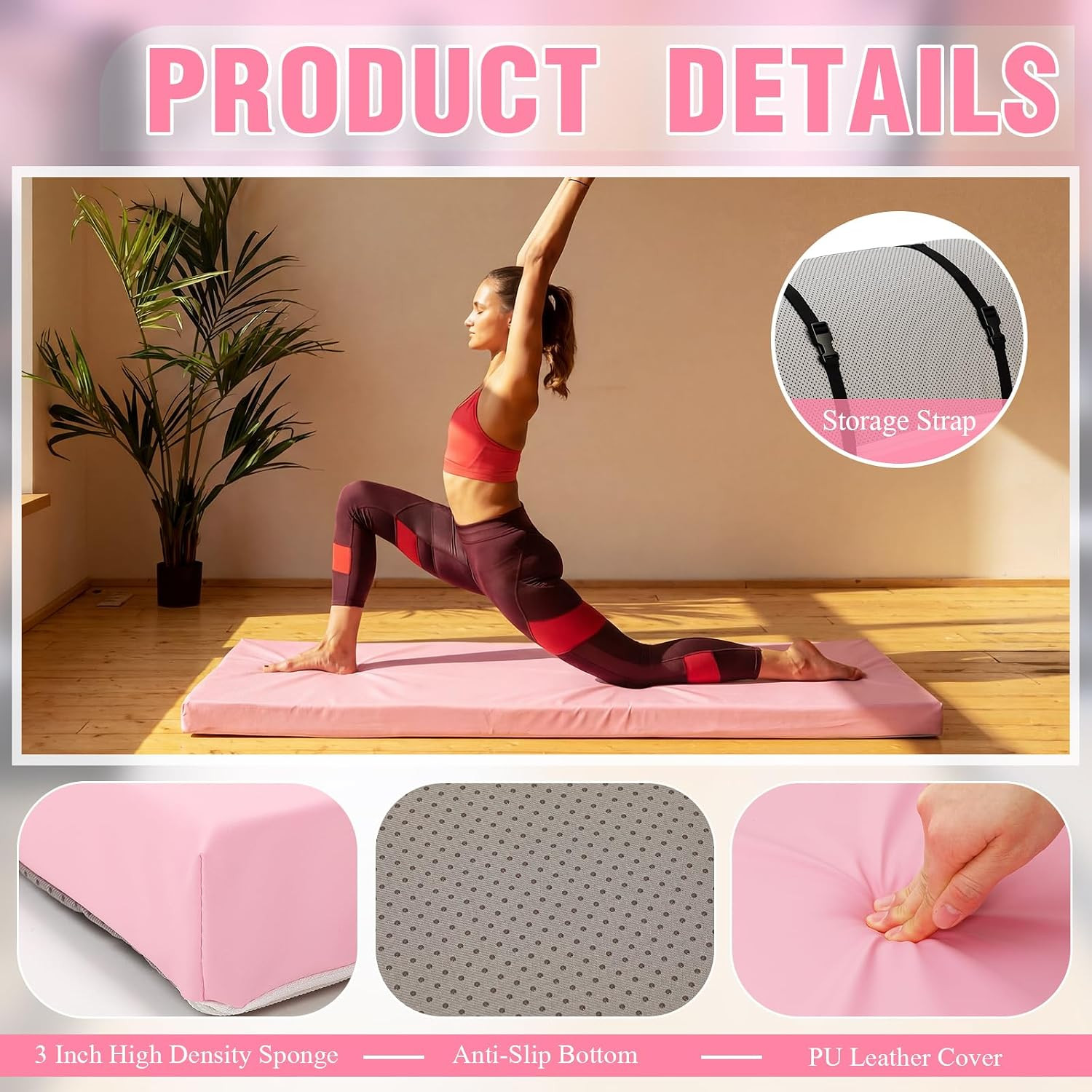 3 Inch Thick Yoga Mat, 72 X 24 Inch Cushioned Foam Floor Mat with Carry Strap, N