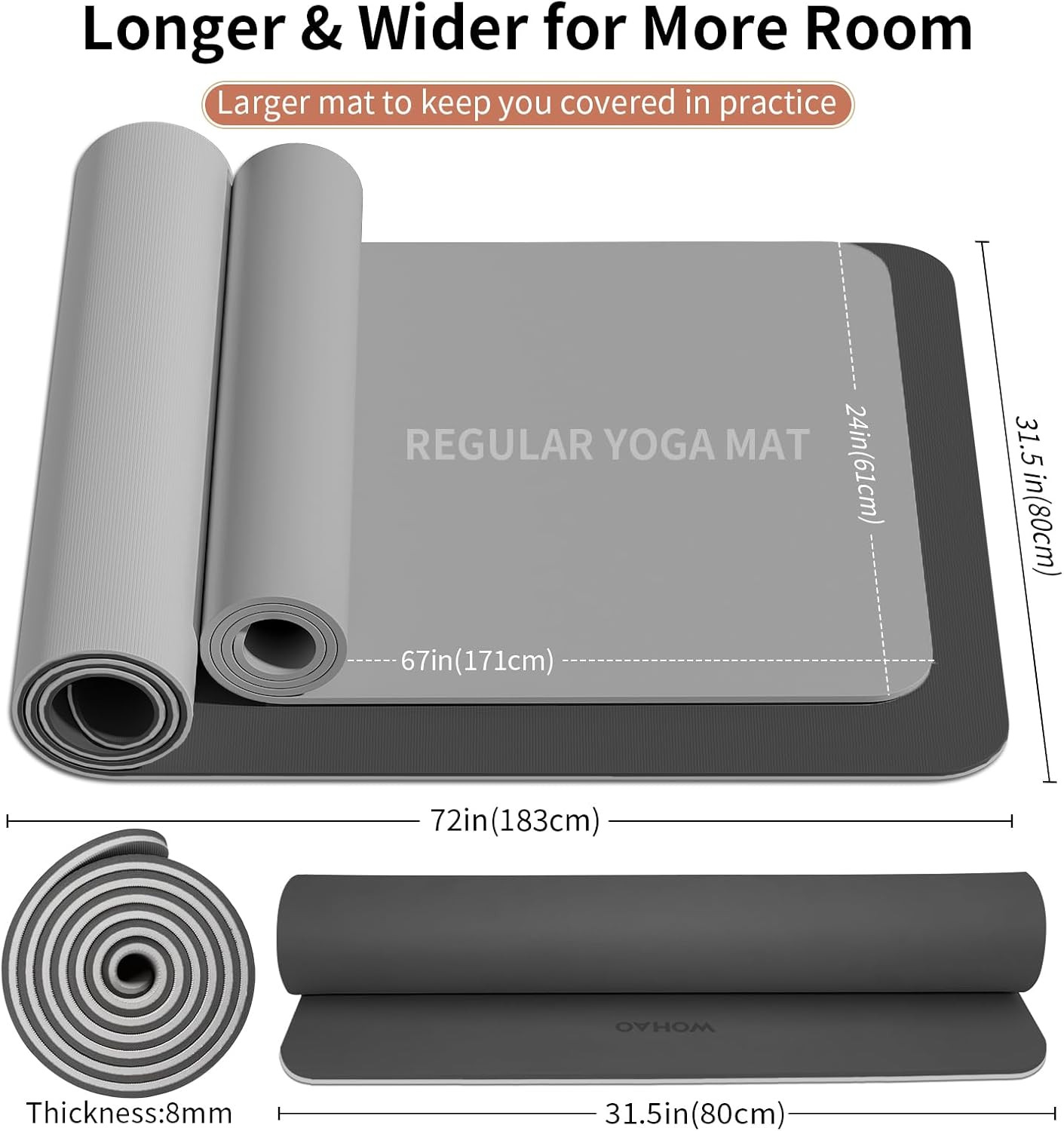Extra Thick 8mm Non-Slip Yoga Mat with Carrying Strap – 72″x28″ Dual Color