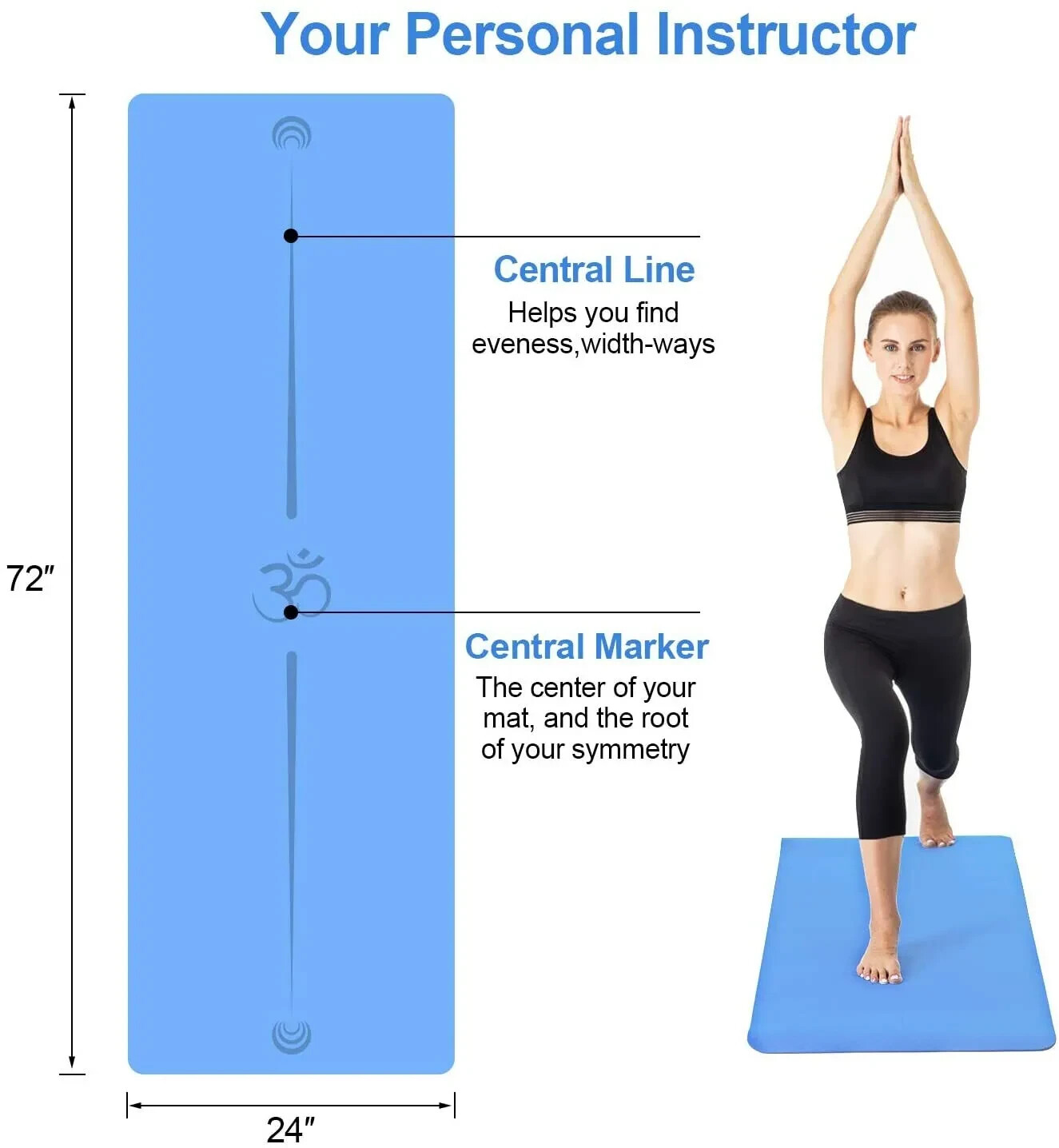 Yoga Mat with Carrying Strap – TPE Exercise Workout Mat (72’’X 24’’X1/4’’) BLUE