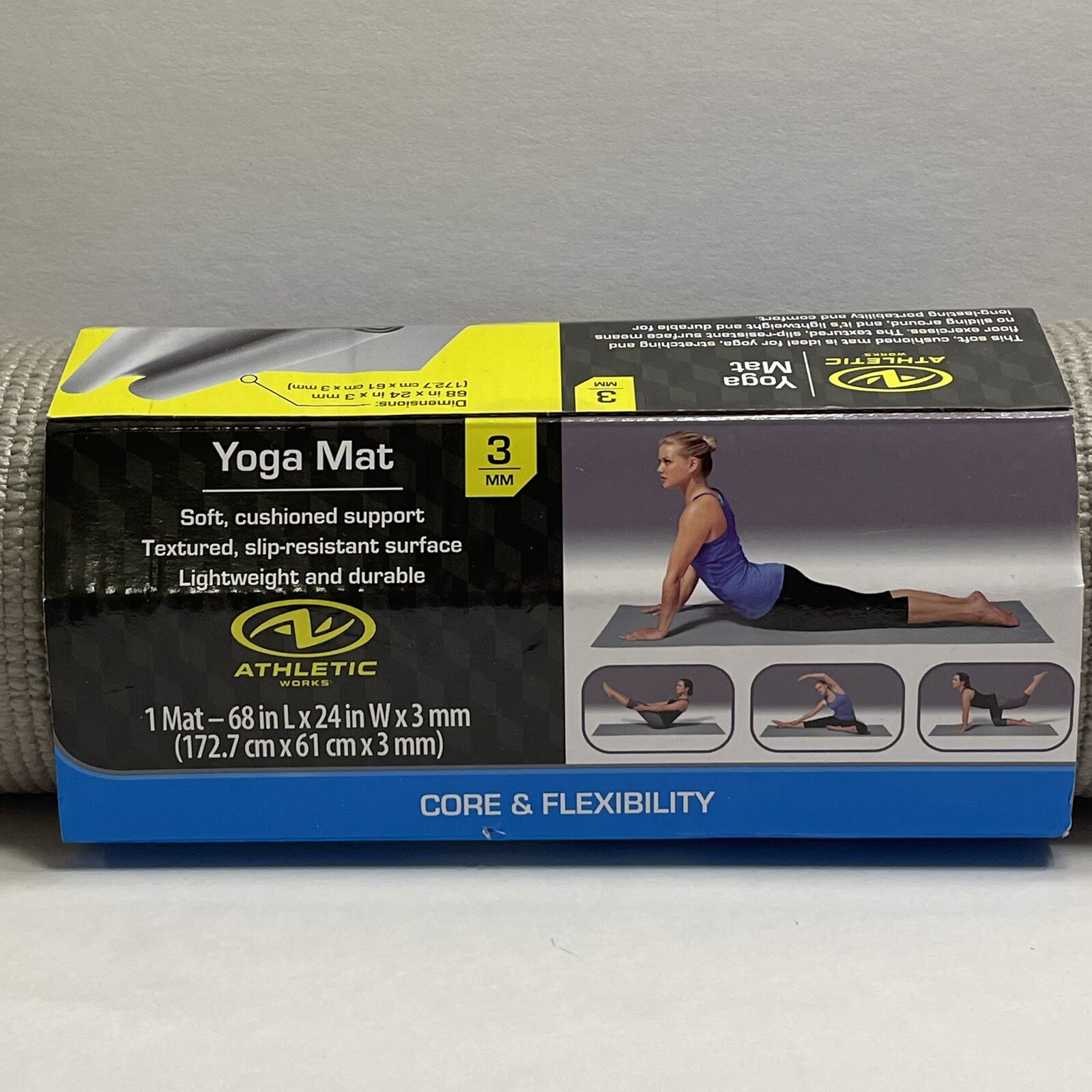 Yoga Mat Athletic Works Steel Gray 68″ x 24″ 3mm Soft Cushioned Support – NEW