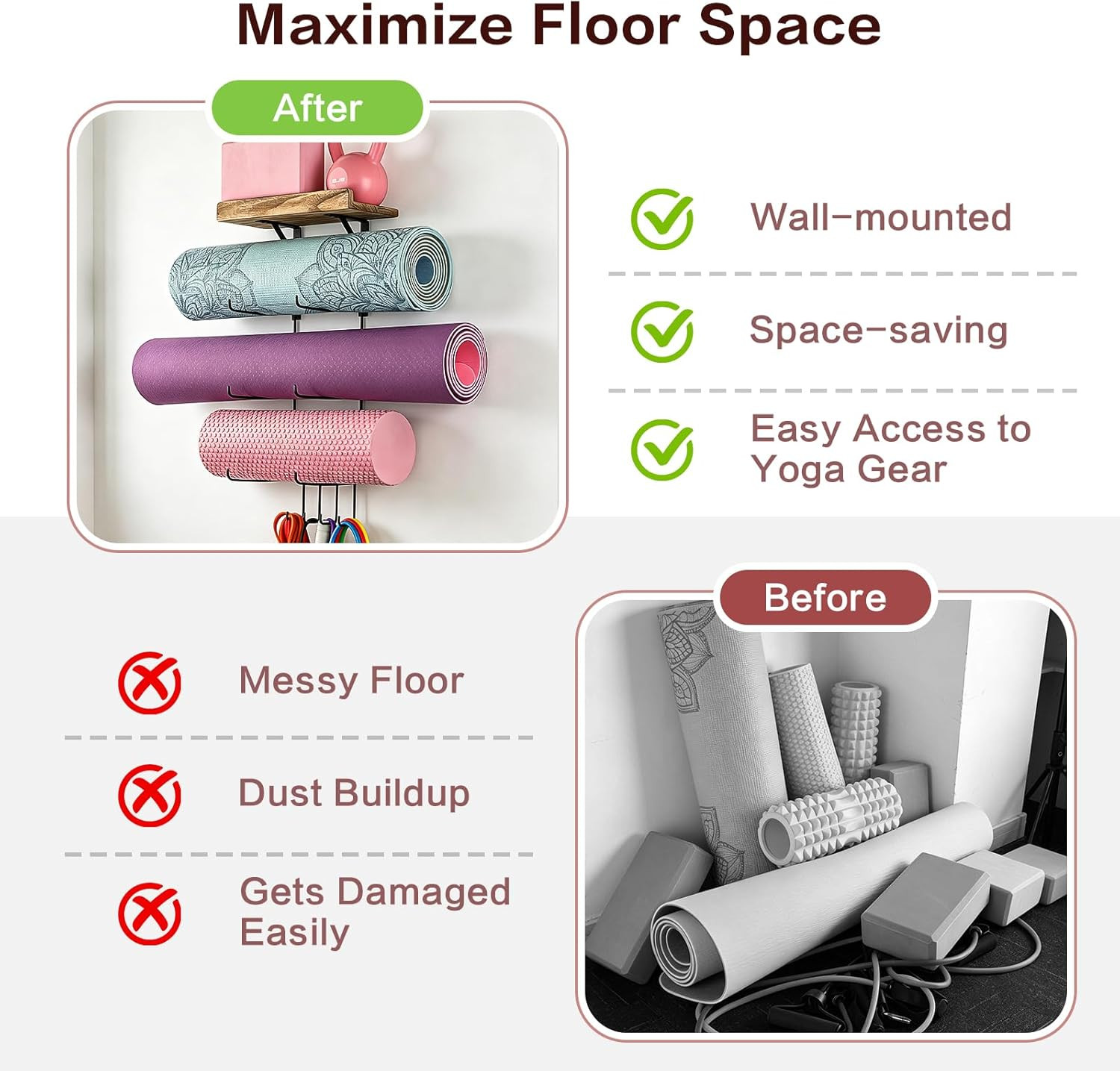 Yoga Mat Holder Accessories Wall Mount Organizer Storage Decor Foam Roller and T