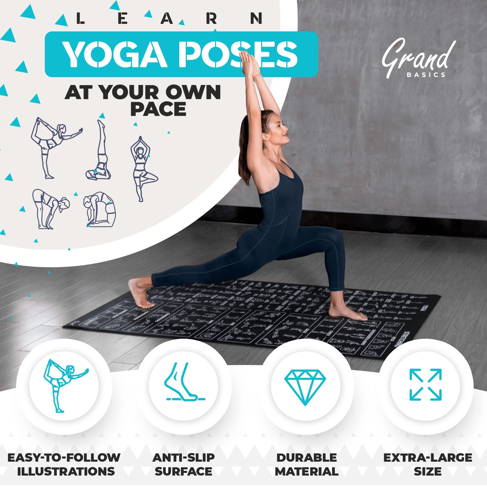 Extra-Large 7′ x 5′ Instructional Yoga Mat with Poses Printed On It – 3X Bigg…