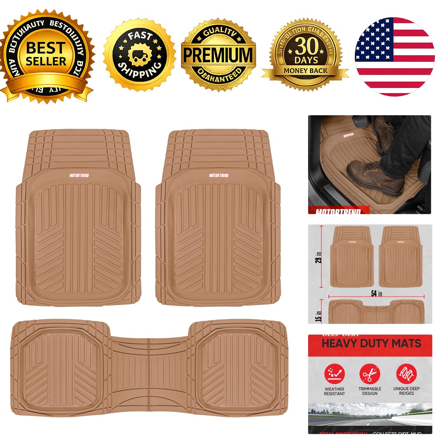 FlexToughXL All-Weather Rubber Floor Mats Full Set Waterproof Beige Car Truck