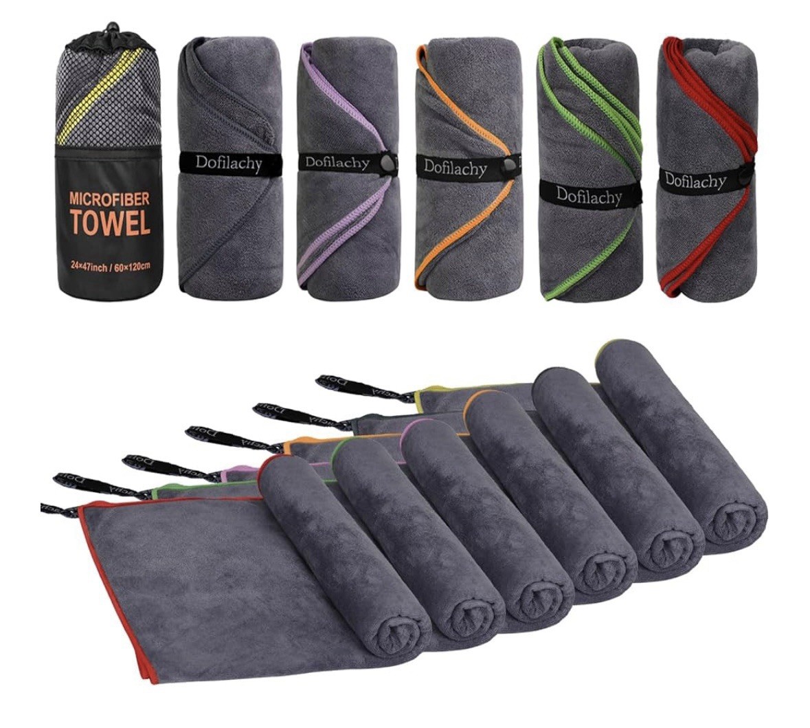 Dofilachy Water Sports Towel 6 Pack 24″x48” Microfiber New In Carry Case