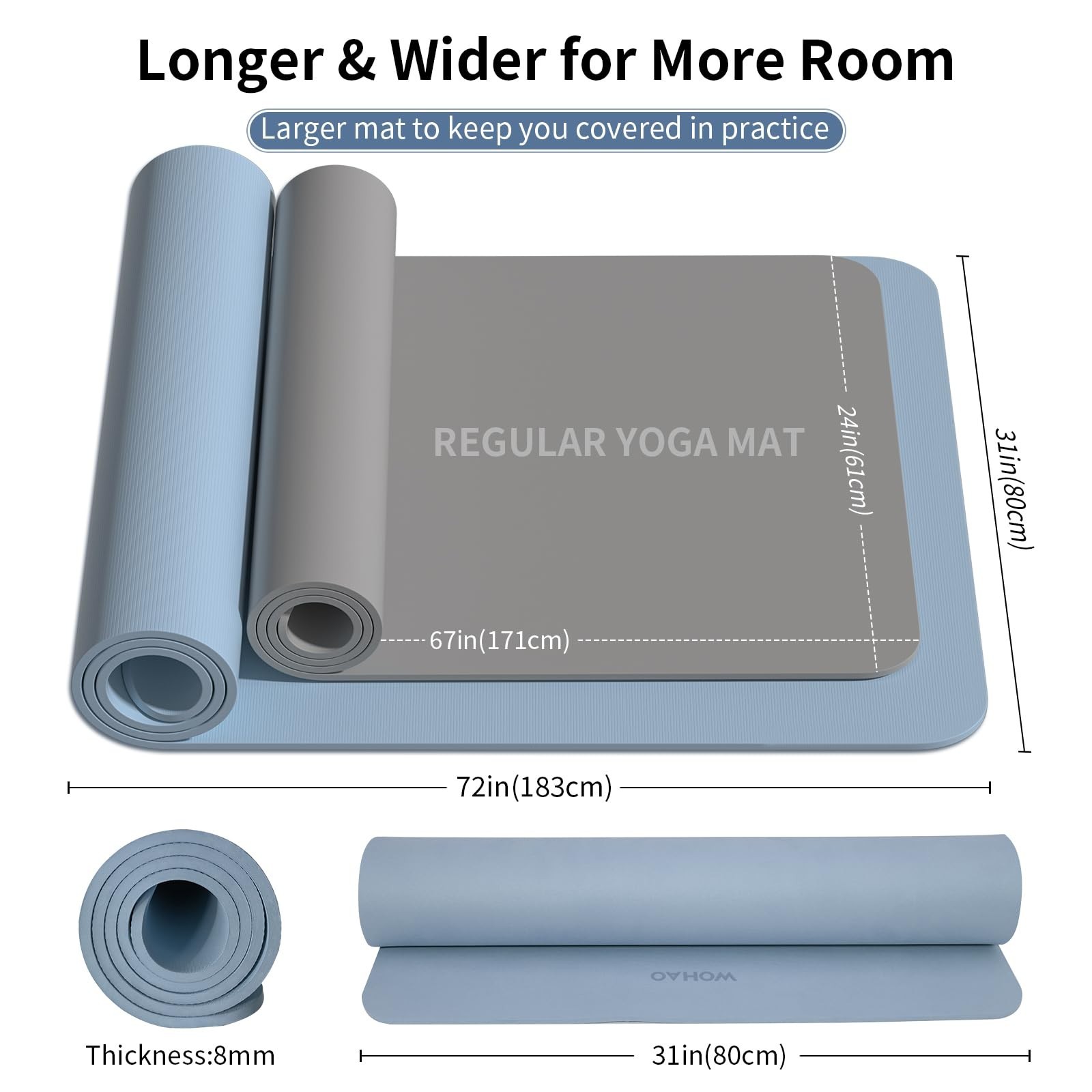 Extra Wide 8mm Yoga Mat 72″x31.5″ Non-Slip Exercise Mat, Thick Cushioning for Ho