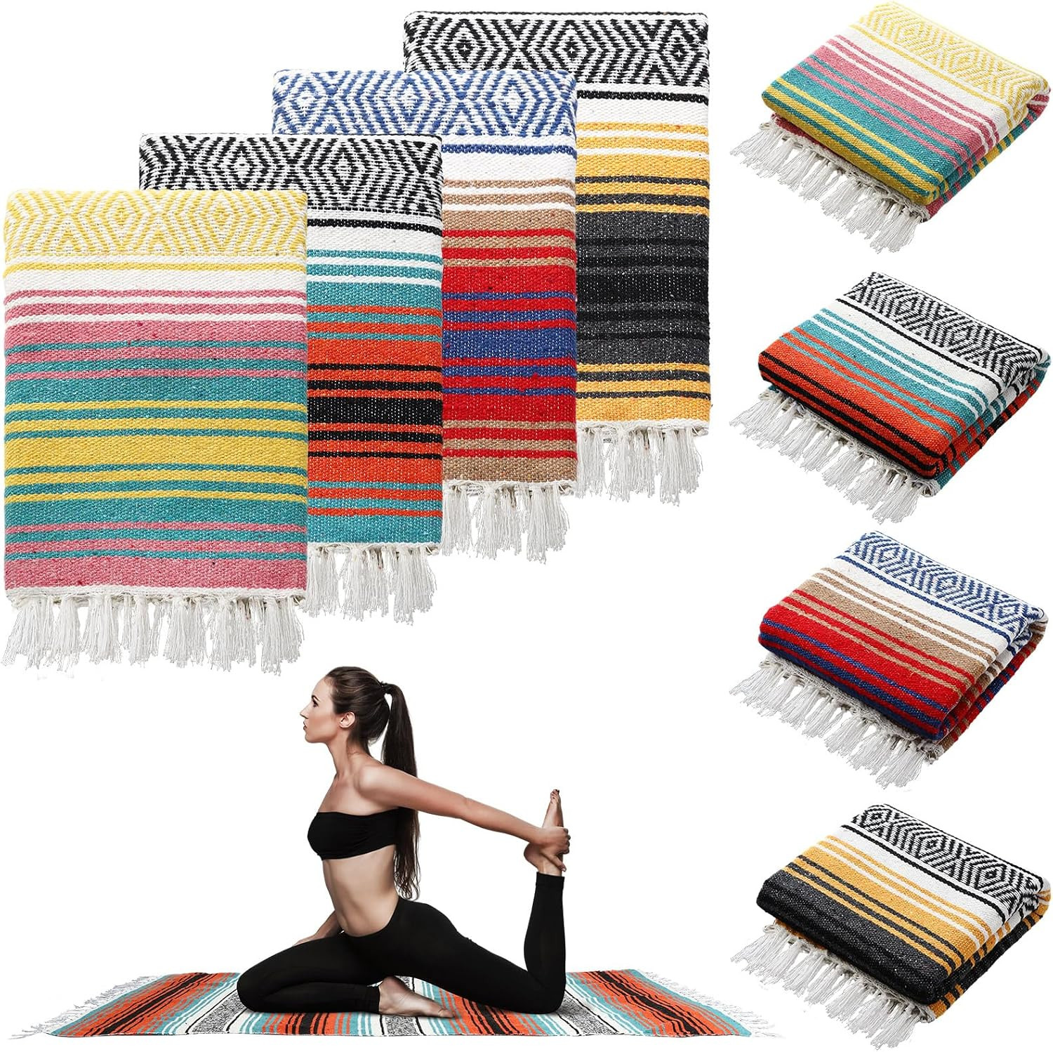Preboun 4 Pcs Large Mexican Yoga Blanket Pack 45 X 70 Inch Thick Woven Camping P