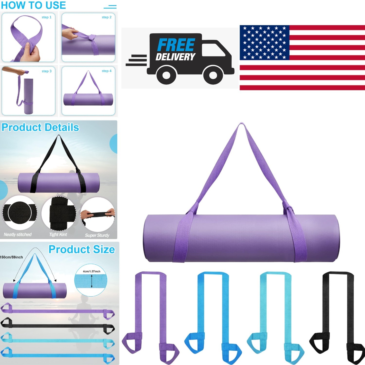 Yoga Mat Straps Set of 4 Cotton Adjustable Carrier in Black Blue Purple Green