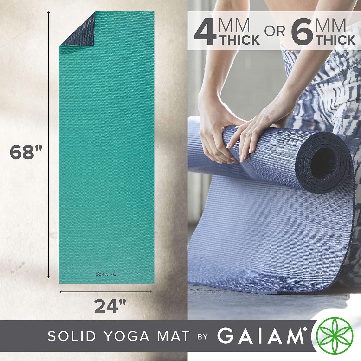 Gaiam Solid Color Yoga Mat 68×24 6mm Non Slip Exercise Fitness