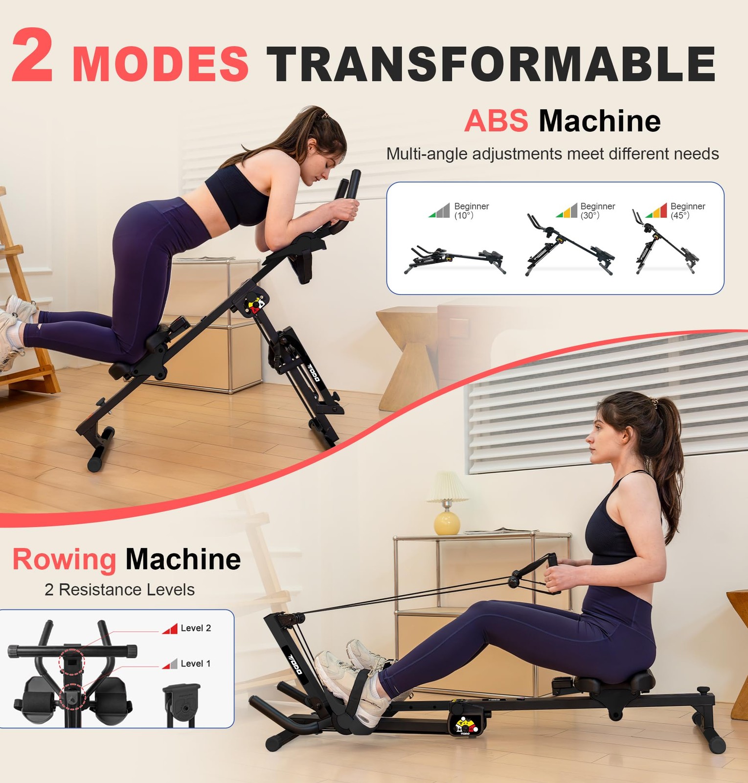 3 in 1 Rowing Machine for Home, Multifunctional Rowing Machine with 2 Intensity…