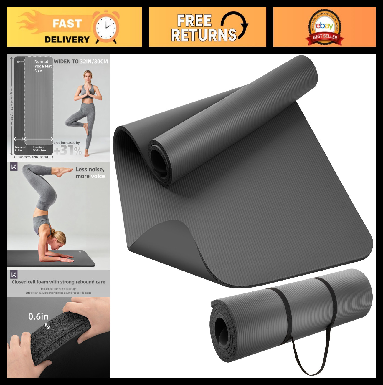 Extra Thick 15mm Yoga Mat 72″x32″ Non-Slip Exercise Mat for Pilates, Stretching,