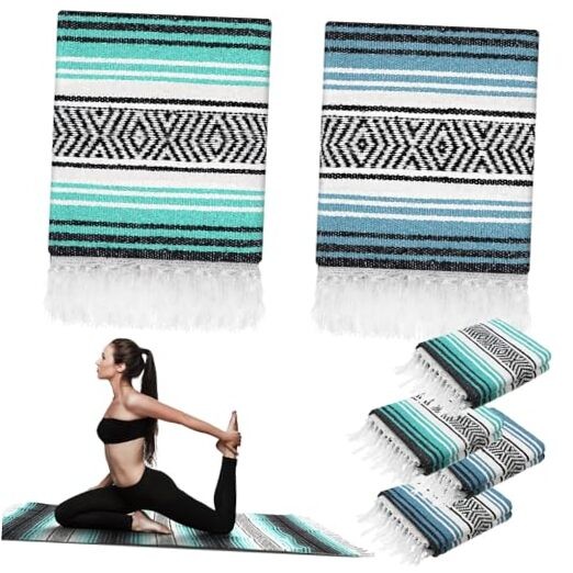 4 Pcs Large Mexican Yoga Blanket Pack 45 x 70 Inch Thick Sky Blue, Light Green