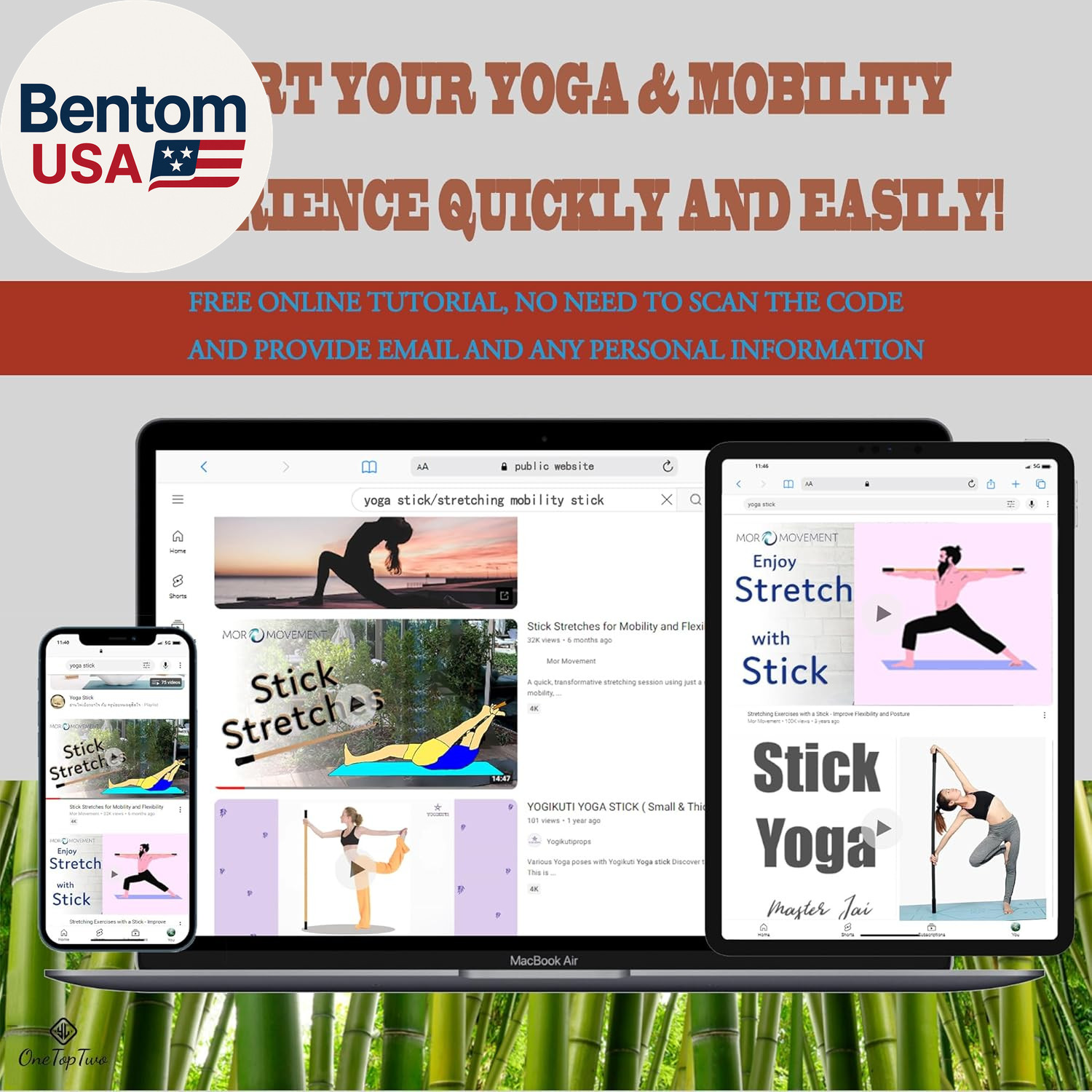 5Ft Yoga Stick from Natural Bamboo with Non-Slip Handle-Stretching Stick for Mob