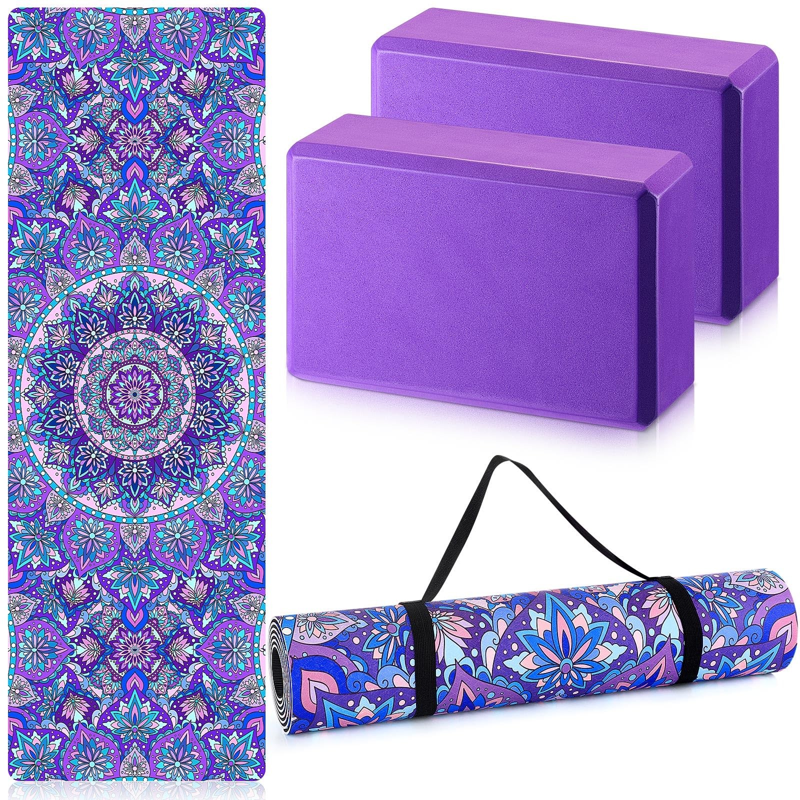 3 Pcs Yoga Mat Yoga Block with Carrying Strap Non Slip Yoga Mat Travel Yoga M…