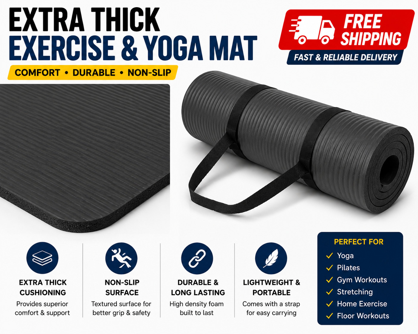 New Extra Thick Yoga Mat 1/2 Inch Non Slip Exercise Mat with Strap
