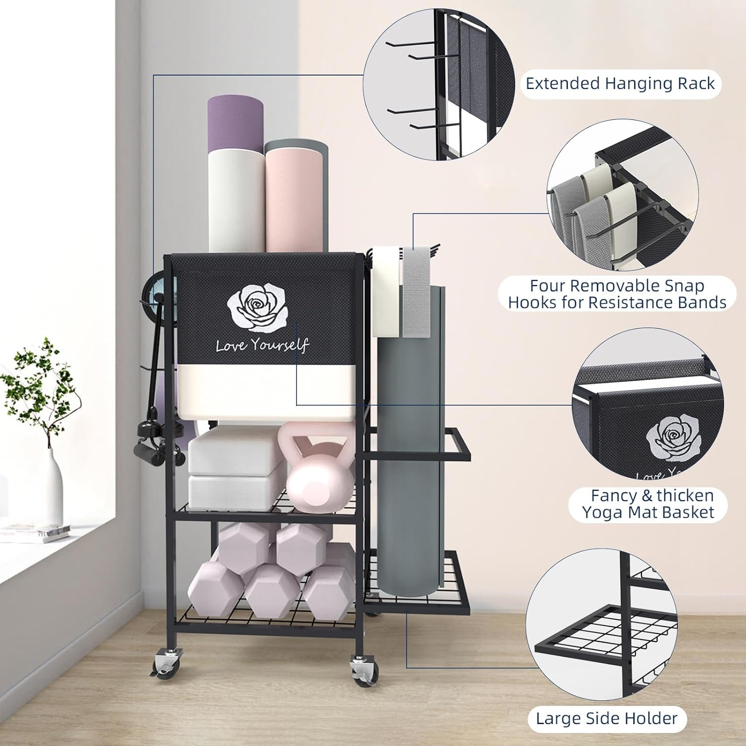 Yoga Mat and Workout Accessories Storage Rack on Wheels for Home Gym