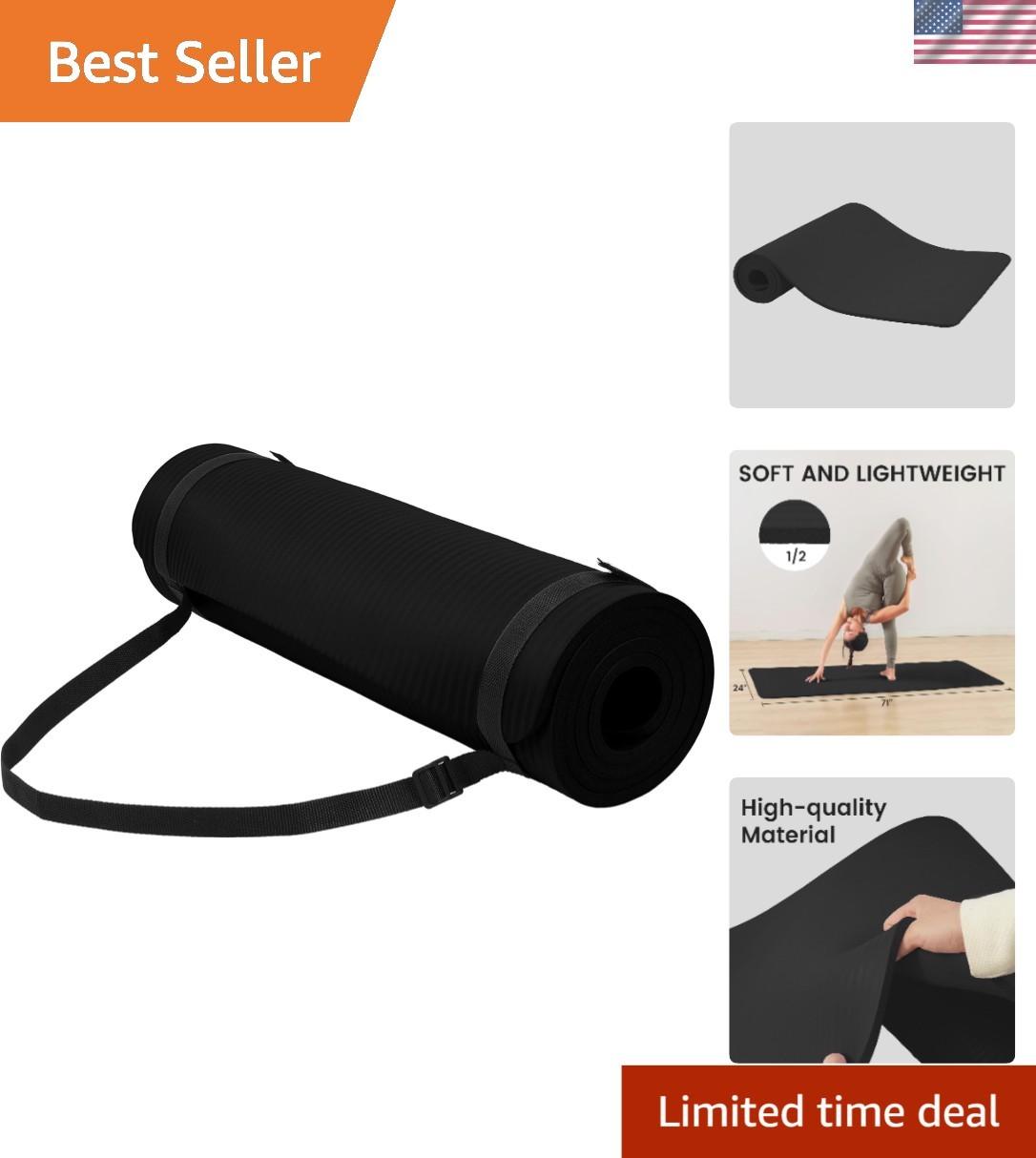 High Density 71″ Yoga Mat with Carrying Strap – Anti-Tear & Easy to Clean