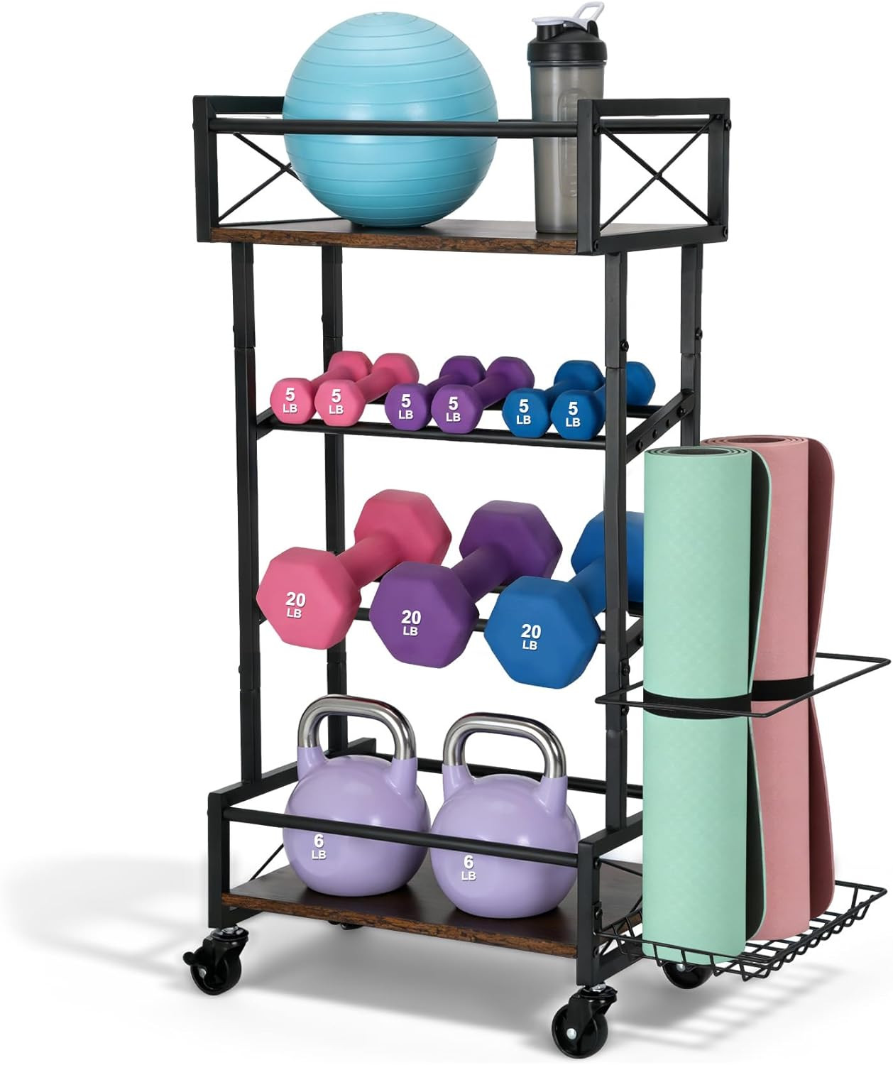 Yoga Mat Storage Rack, Home Gym Storage Rack, Retro Metal & Wood Weight Storage