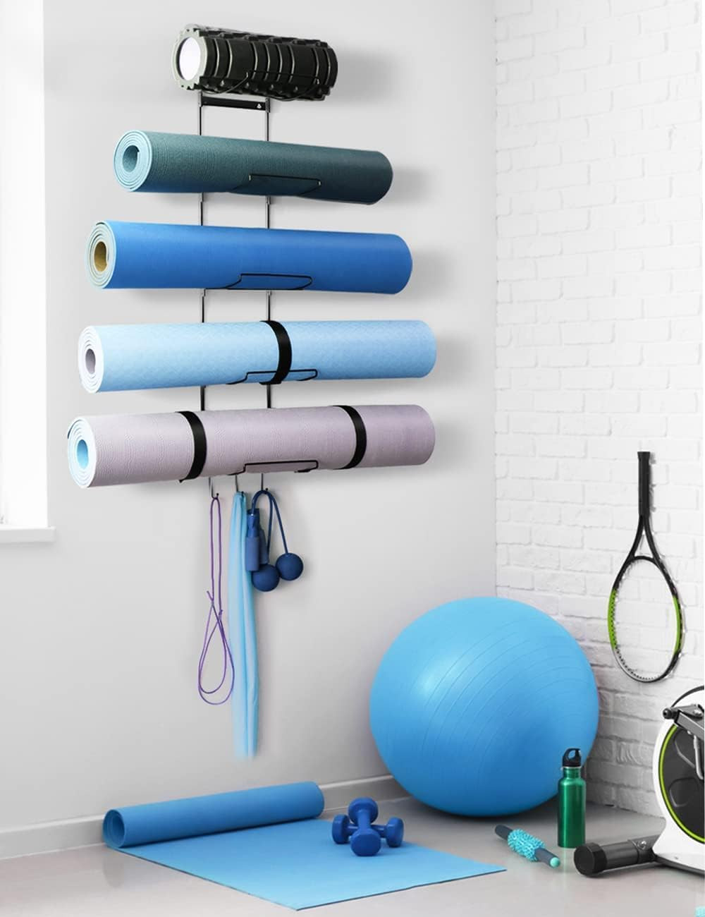 5-Tiers Yoga Mat Holder Wall Mount, Metal Storage Rack for Yoga Mat/Wheels, Foam