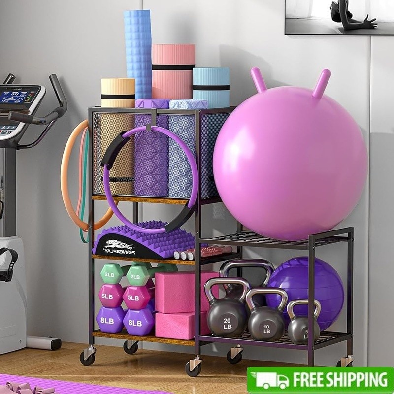 Gym Equipment Organizer 5 Tier Storage Rack Dumbbells Yoga Mats W/ Wheels New