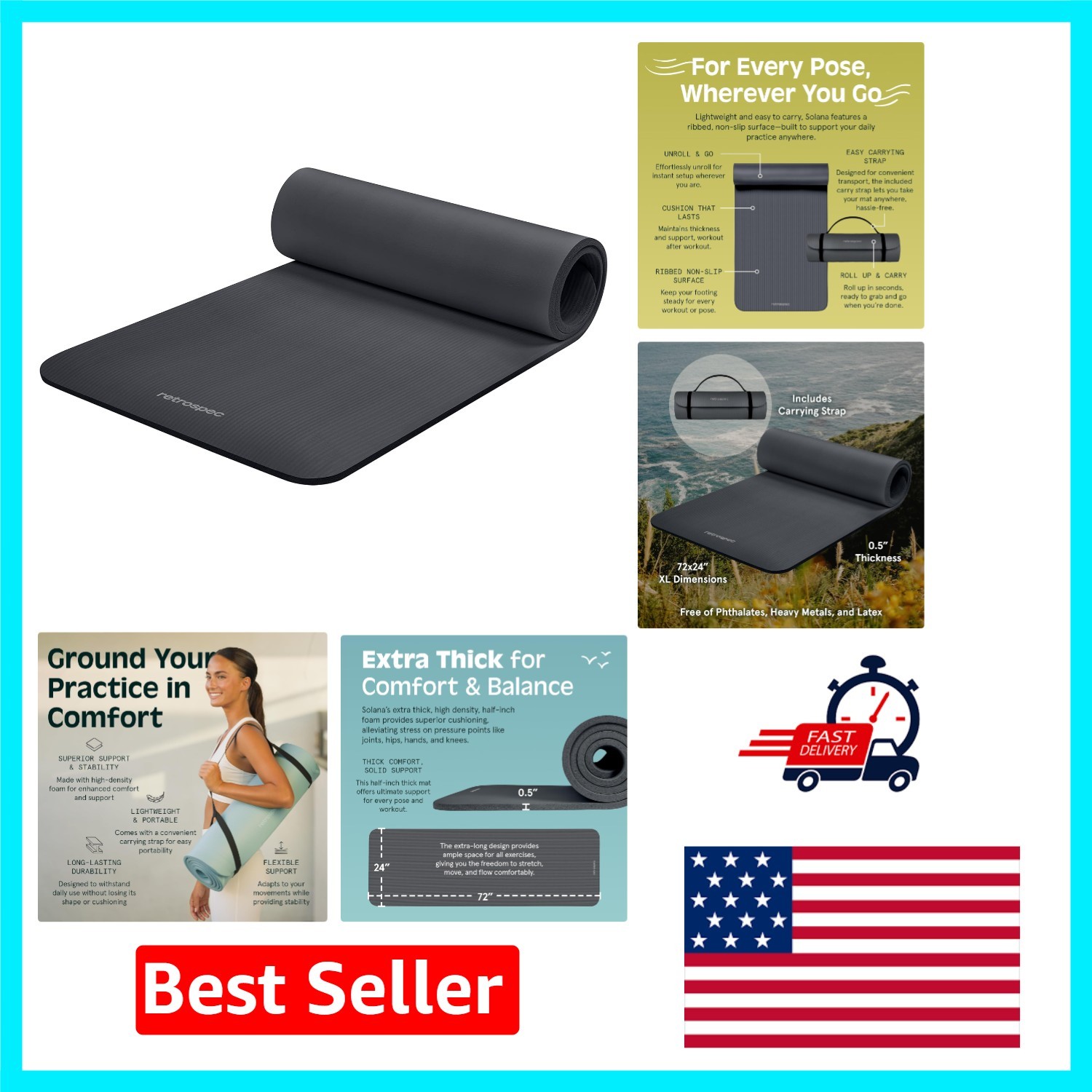 Non-Slip & Easy Care Solana Yoga Mat – 72x24in Thick Foam for Fitness & Pilates