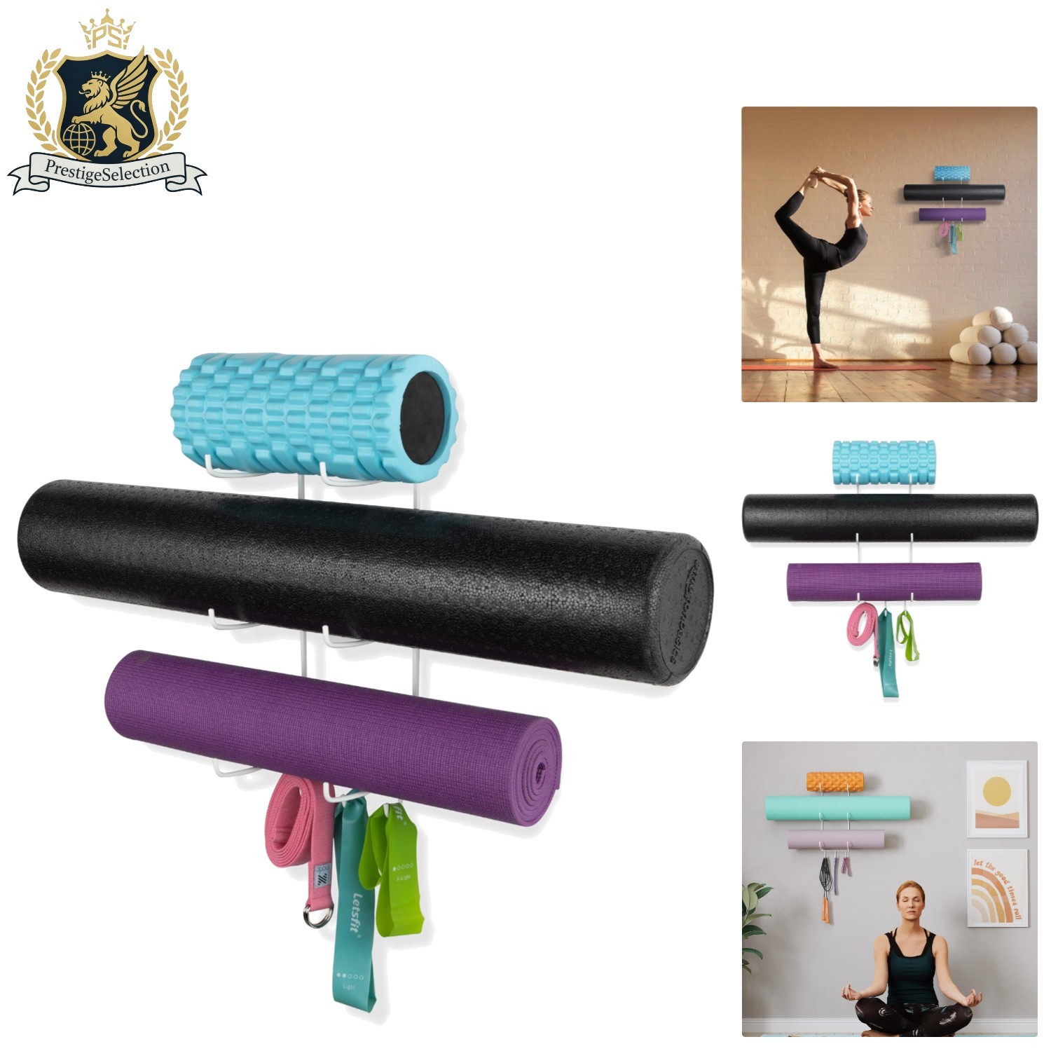 Elegant Wall-Mounted Yoga Mat Holder with 3 Hooks – Space-Saving Metal Design