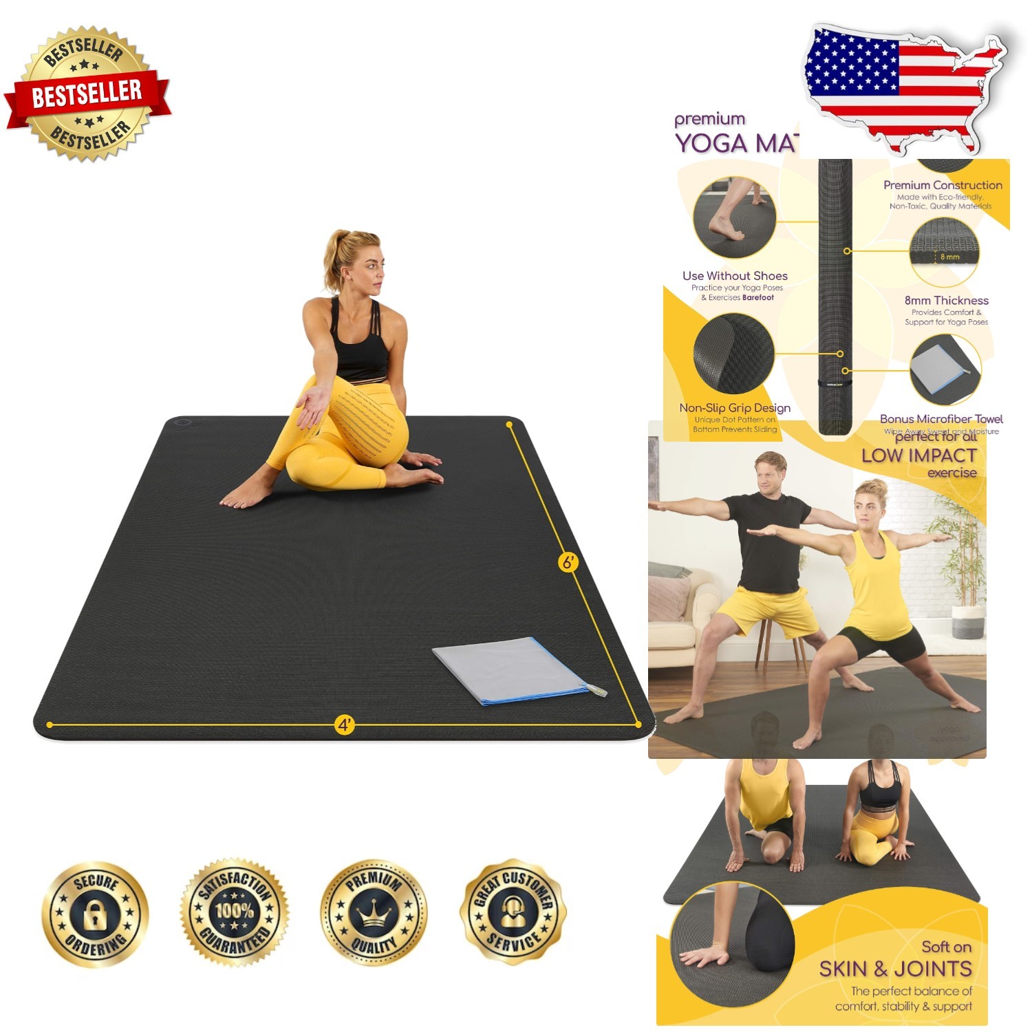 Extra Thick 6’x4′ Yoga Mat, Non-Slip PVC Home Gym Flooring, Black, Sweat Towel