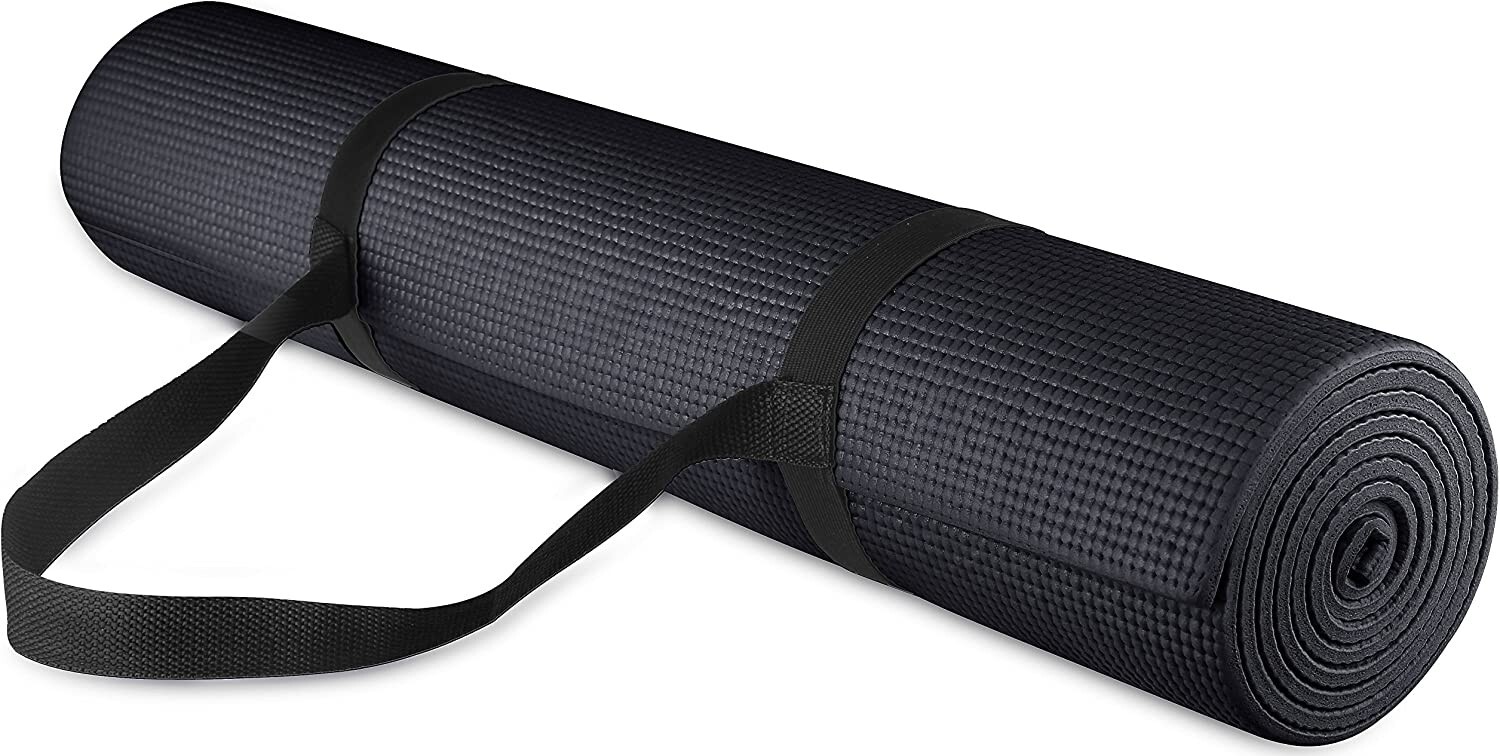 All Purpose 1/4″ Yoga Exercise Yoga Mat – Black, Anti-Tear, with Carrying Strap