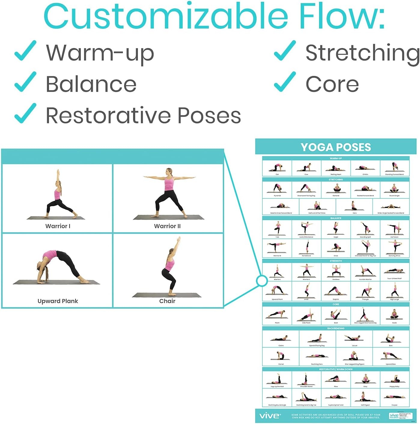 Vive Yoga Poster Poses for Beginners and Experts Mat Exercise Home Gym Workout