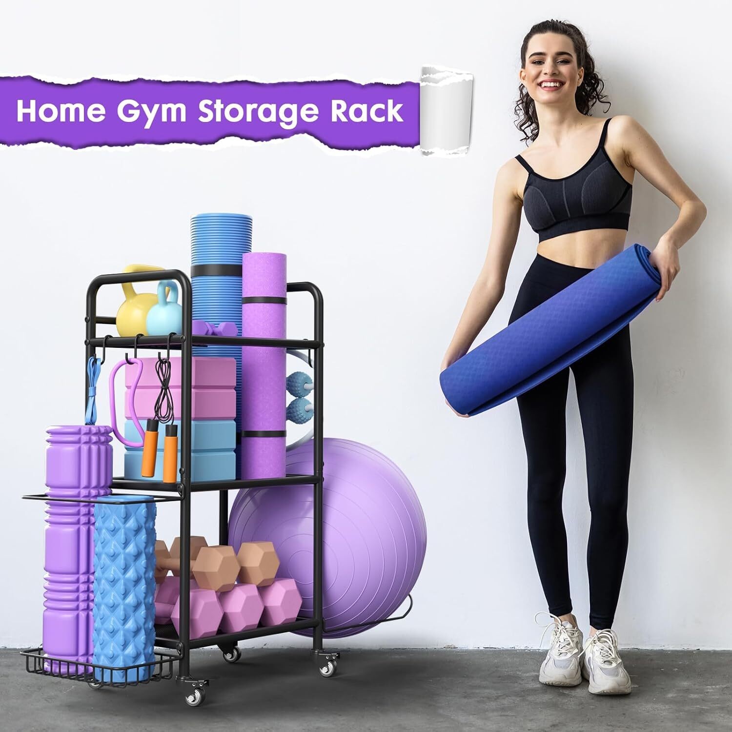 Home Gym Storage Rack Exercise Equipment Storage Organizer for Yoga Mat Dumbbell